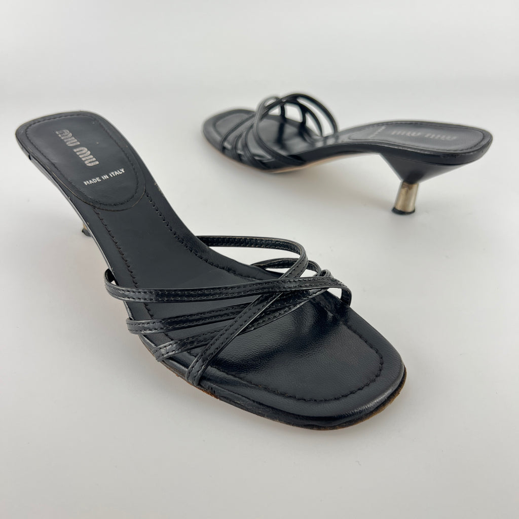 Miu Miu | Black Leather Cross Strap Kitten Heel Slide Mules (38)
