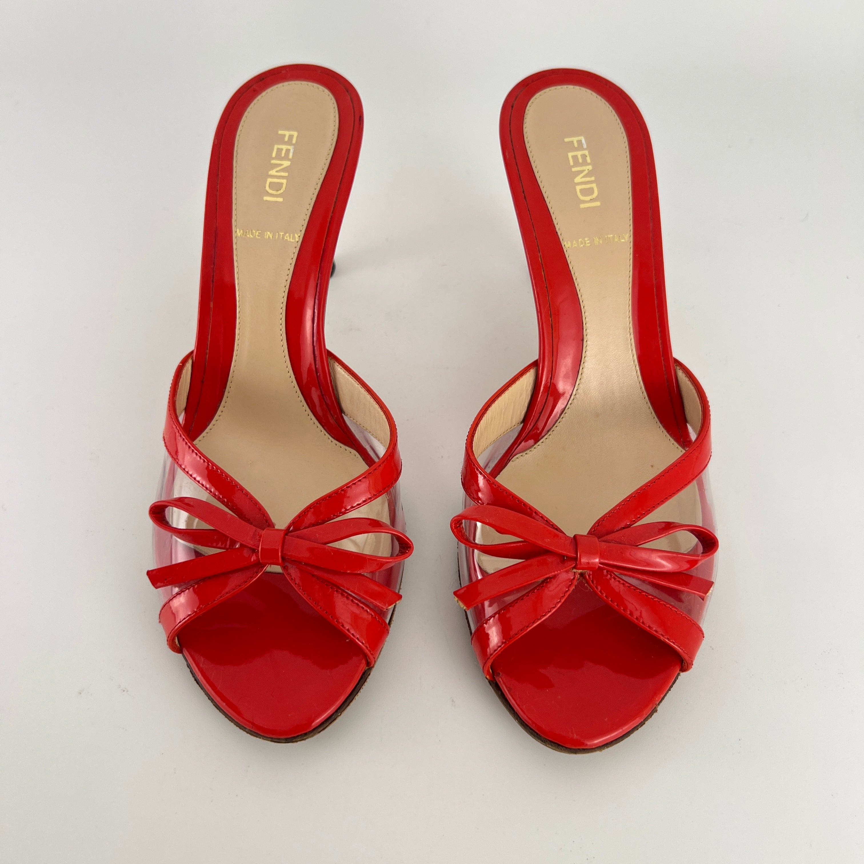 Fendi | Red Patent Leather Clear PVC Ribbon Bow Slide Mules (36.5)