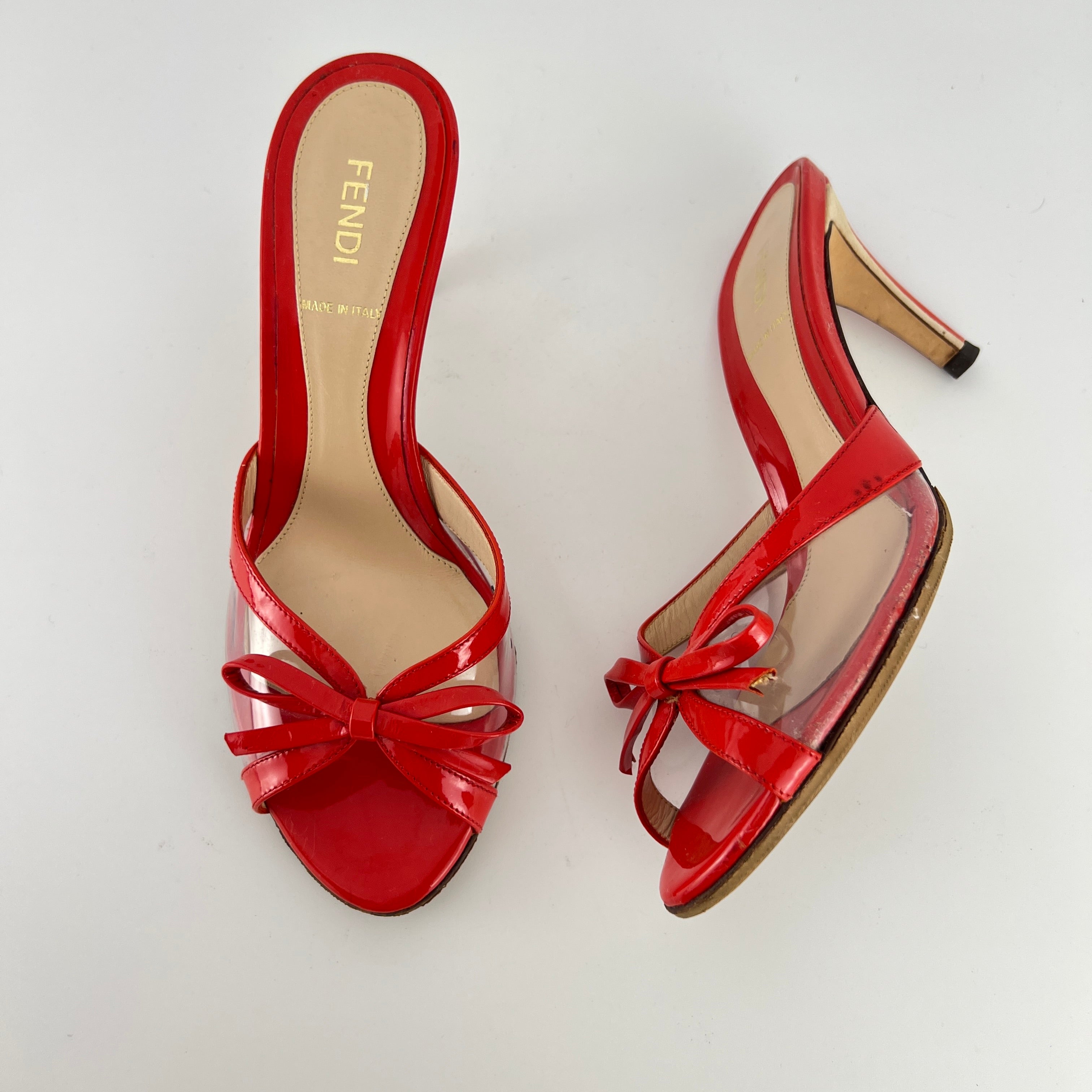 Fendi | Red Patent Leather Clear PVC Ribbon Bow Slide Mules (36.5)