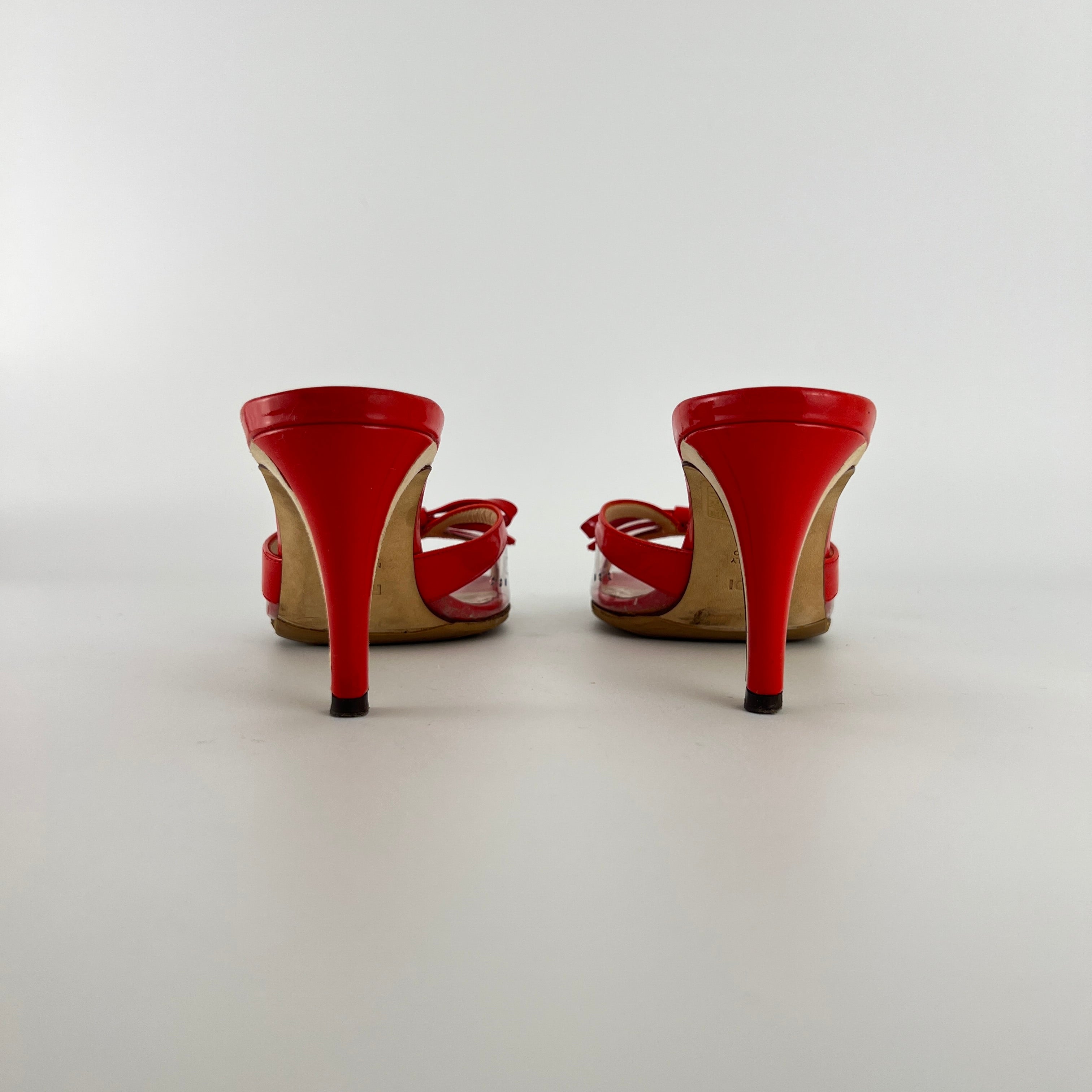 Fendi | Red Patent Leather Clear PVC Ribbon Bow Slide Mules (36.5)