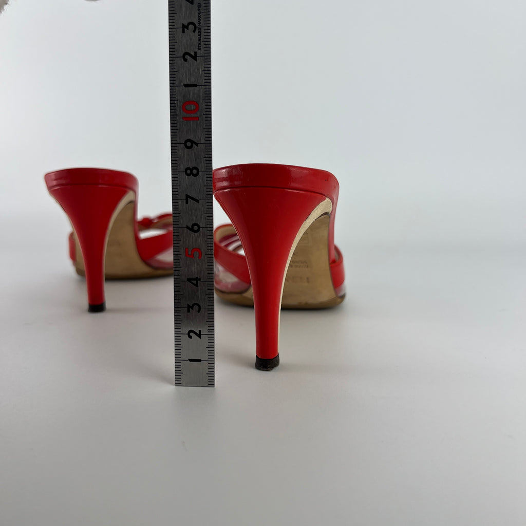 Fendi | Red Patent Leather Clear PVC Ribbon Bow Slide Mules (36.5)