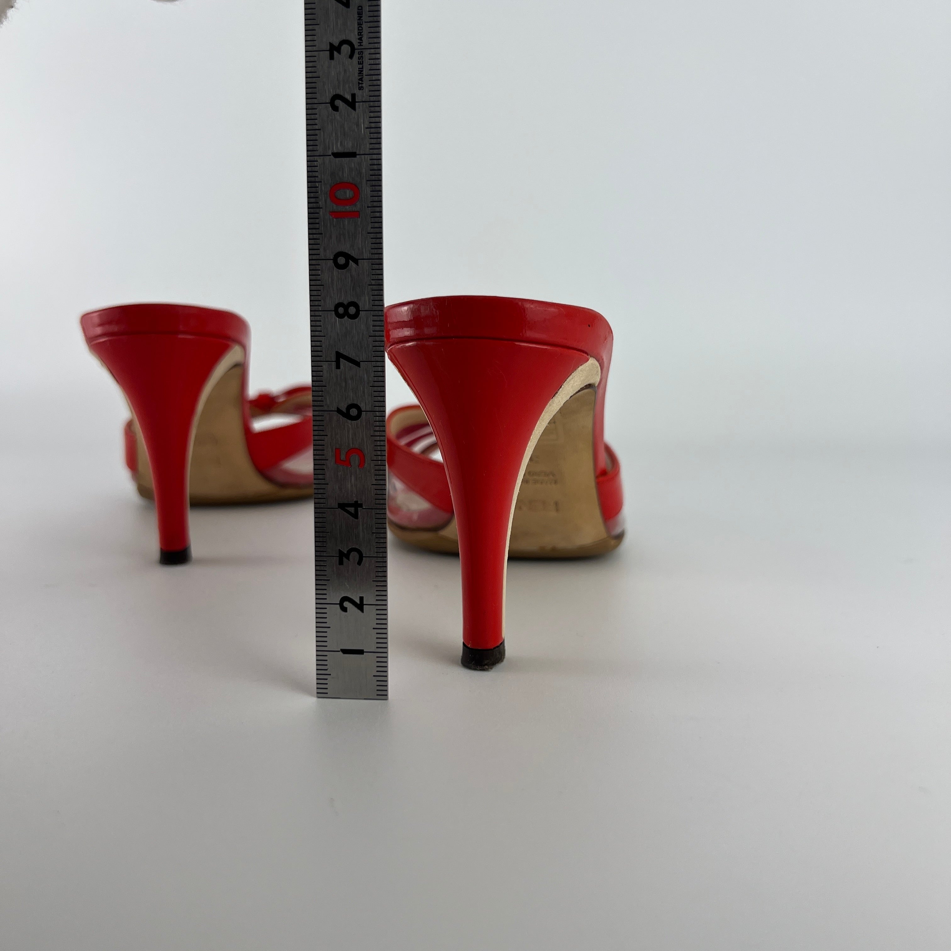 Fendi | Red Patent Leather Clear PVC Ribbon Bow Slide Mules (36.5)