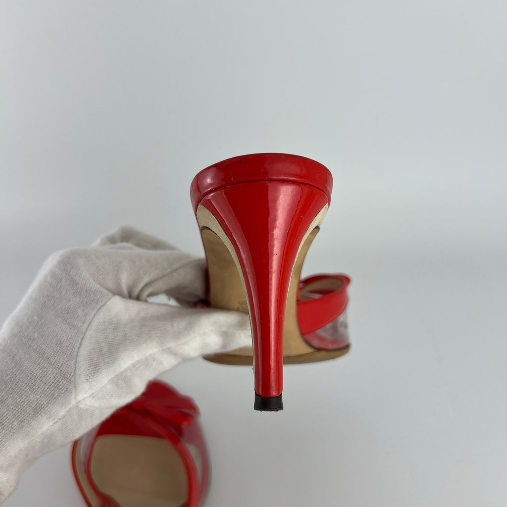 Fendi | Red Patent Leather Clear PVC Ribbon Bow Slide Mules (36.5)