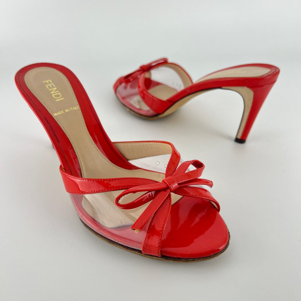 Fendi | Red Patent Leather Clear PVC Ribbon Bow Slide Mules (36.5)