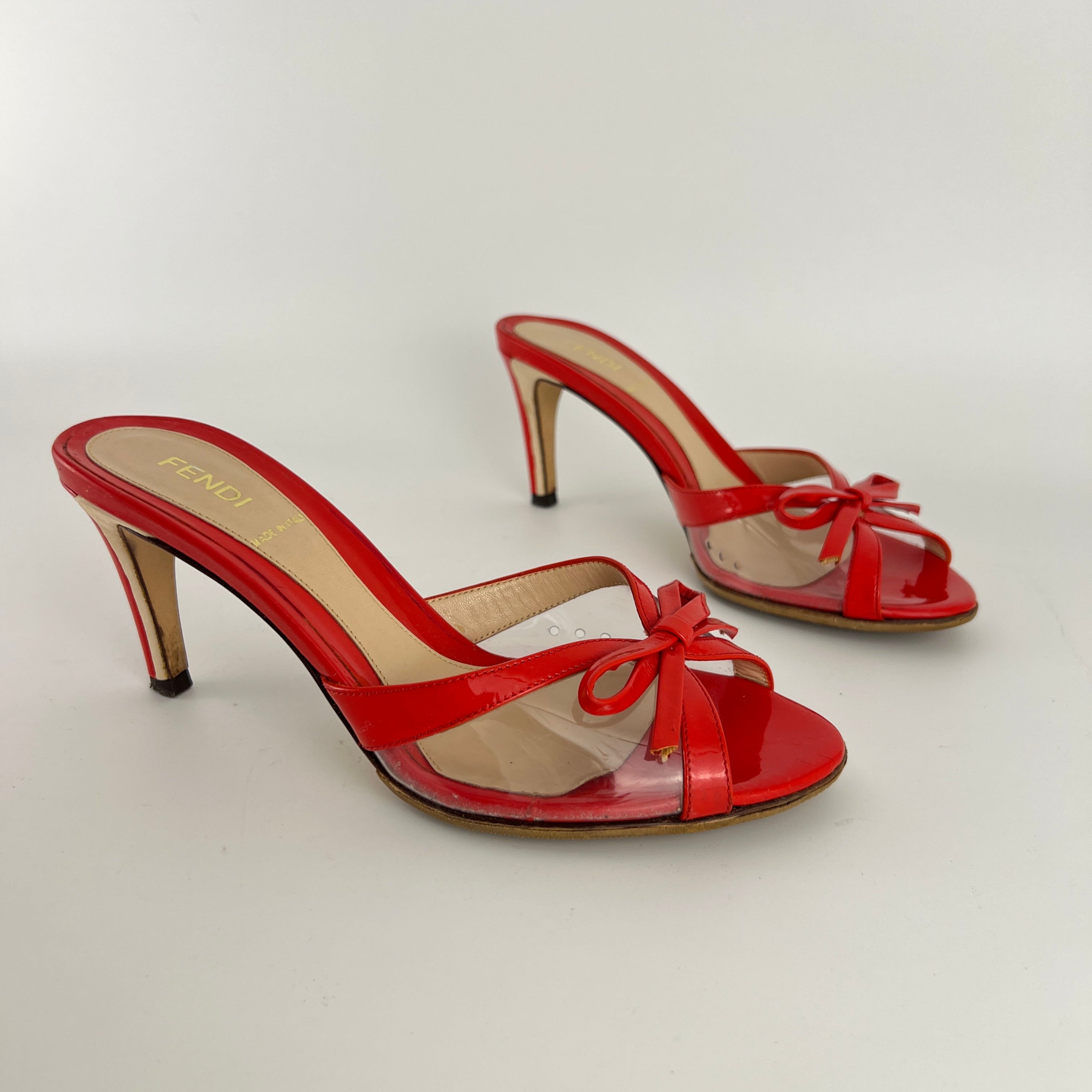 Fendi | Red Patent Leather Clear PVC Ribbon Bow Slide Mules (36.5)