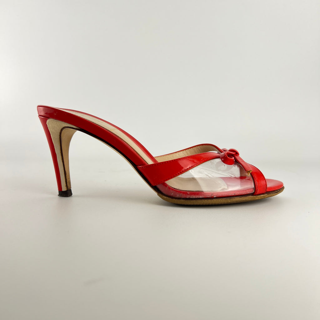 Fendi | Red Patent Leather Clear PVC Ribbon Bow Slide Mules (36.5)