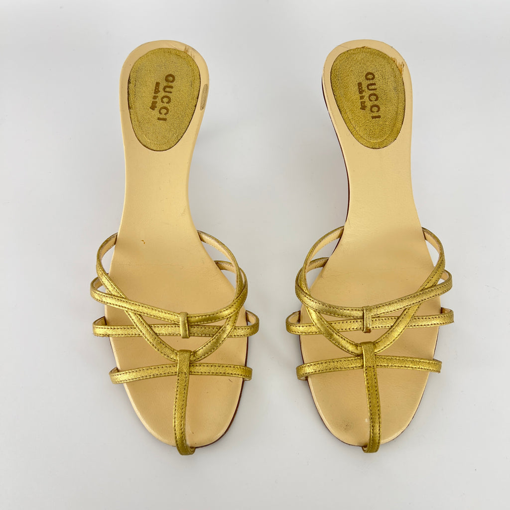 Gucci | Gold Leather Strappy Cage Slide Sandal Kitten Heel Mules (36.5)