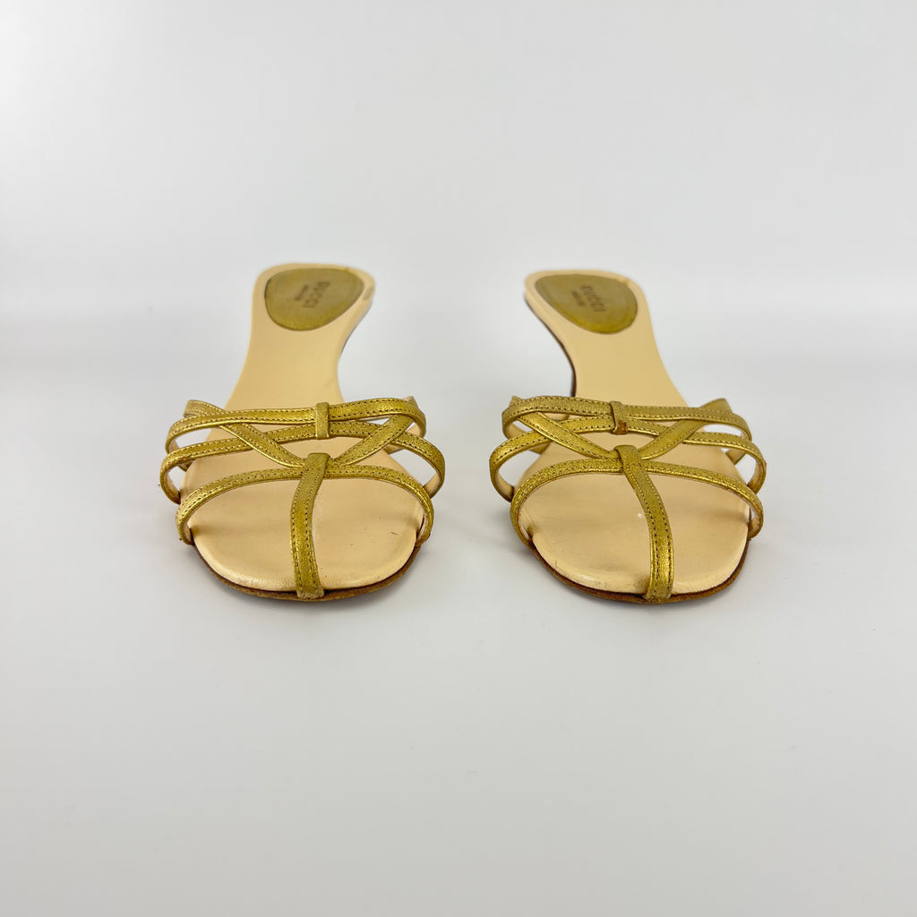 Gucci | Gold Leather Strappy Cage Slide Sandal Kitten Heel Mules (36.5)
