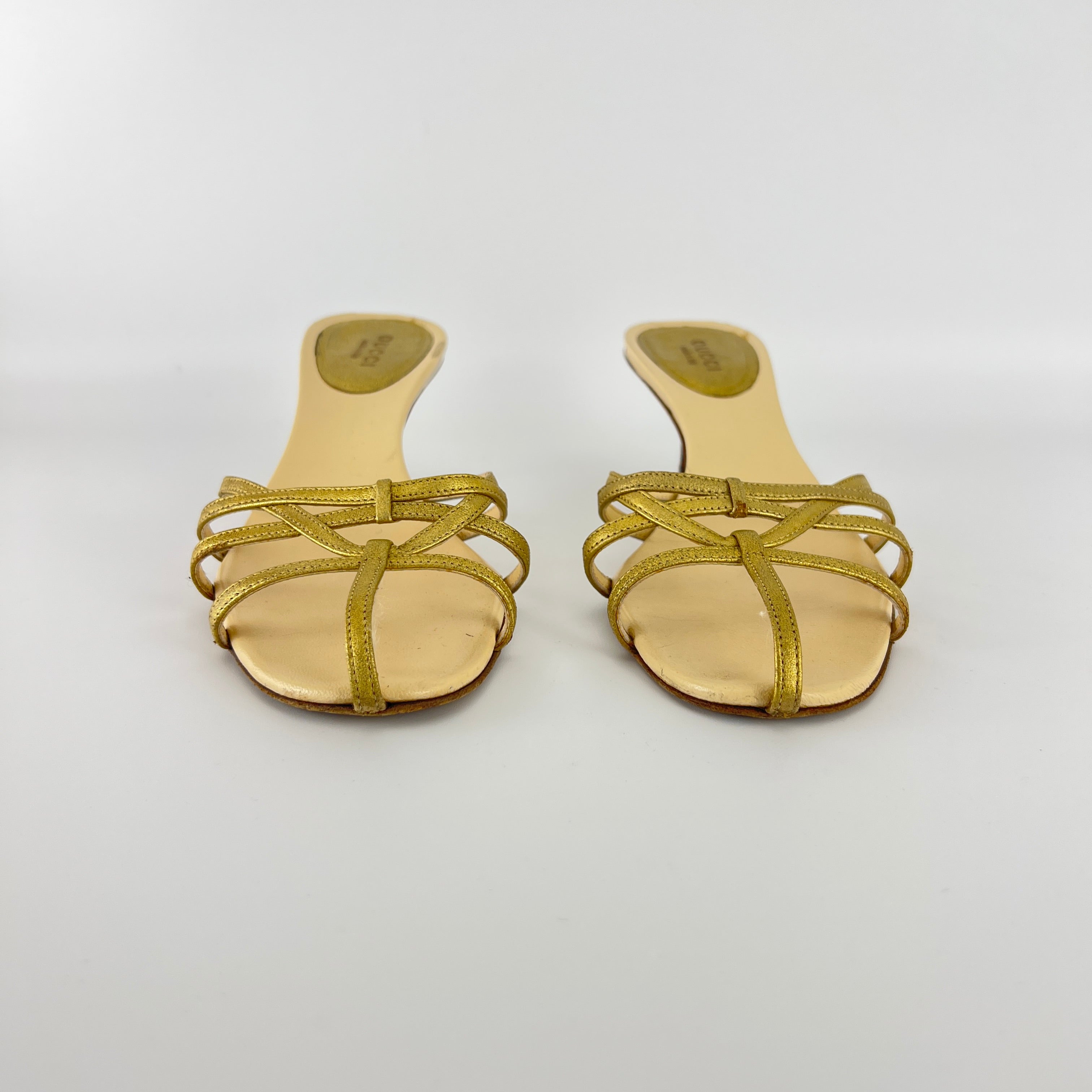 Gucci | Gold Leather Strappy Cage Slide Sandal Kitten Heel Mules (36.5)