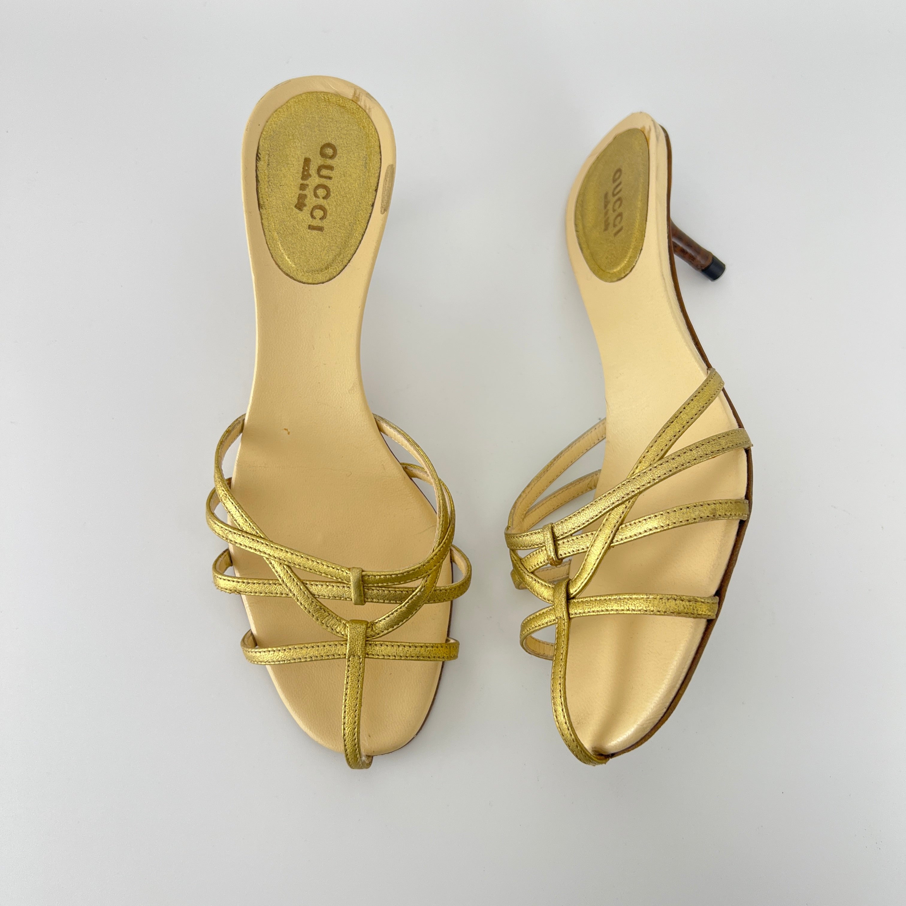 Gucci | Gold Leather Strappy Cage Slide Sandal Kitten Heel Mules (36.5)