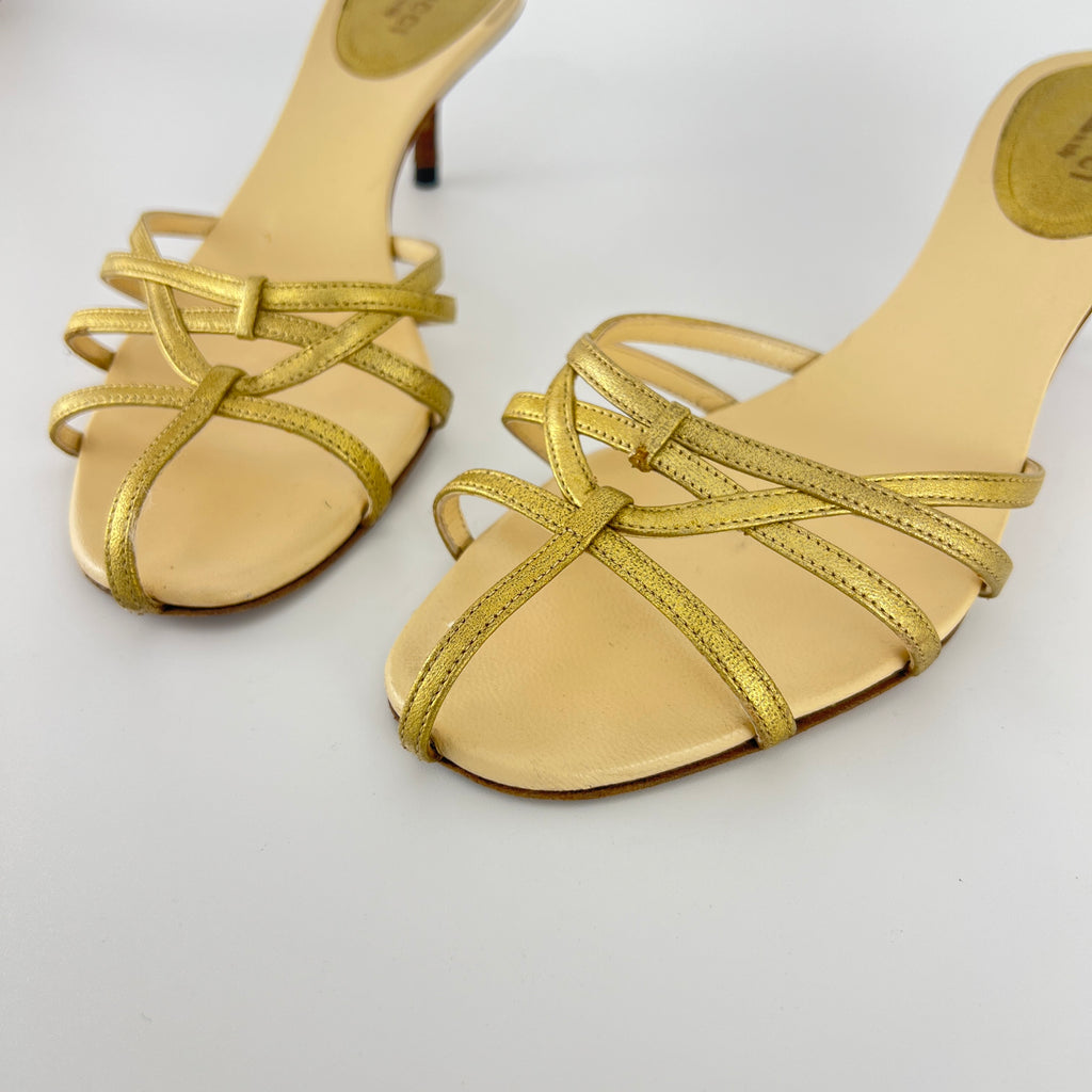 Gucci | Gold Leather Strappy Cage Slide Sandal Kitten Heel Mules (36.5)