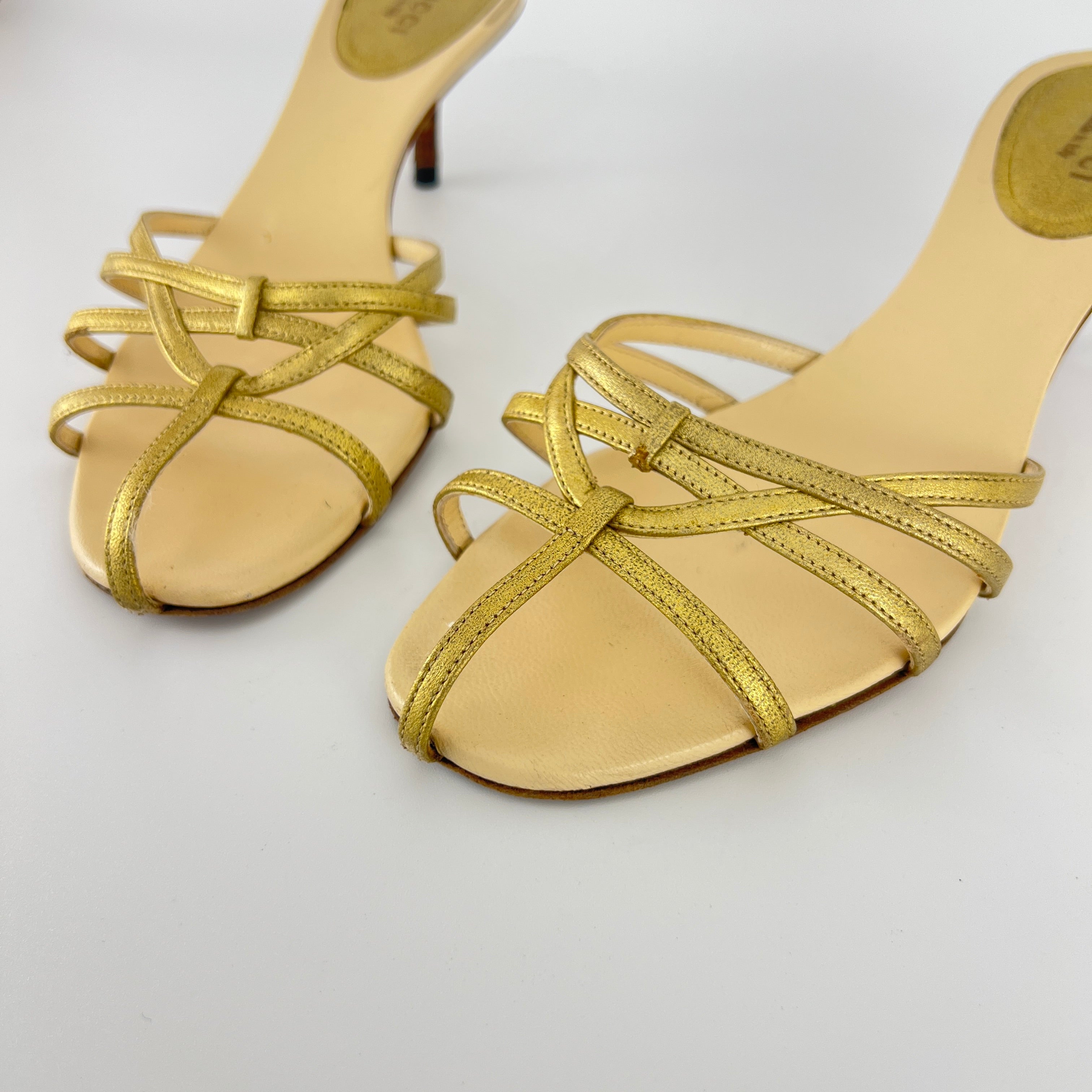 Gucci | Gold Leather Strappy Cage Slide Sandal Kitten Heel Mules (36.5)