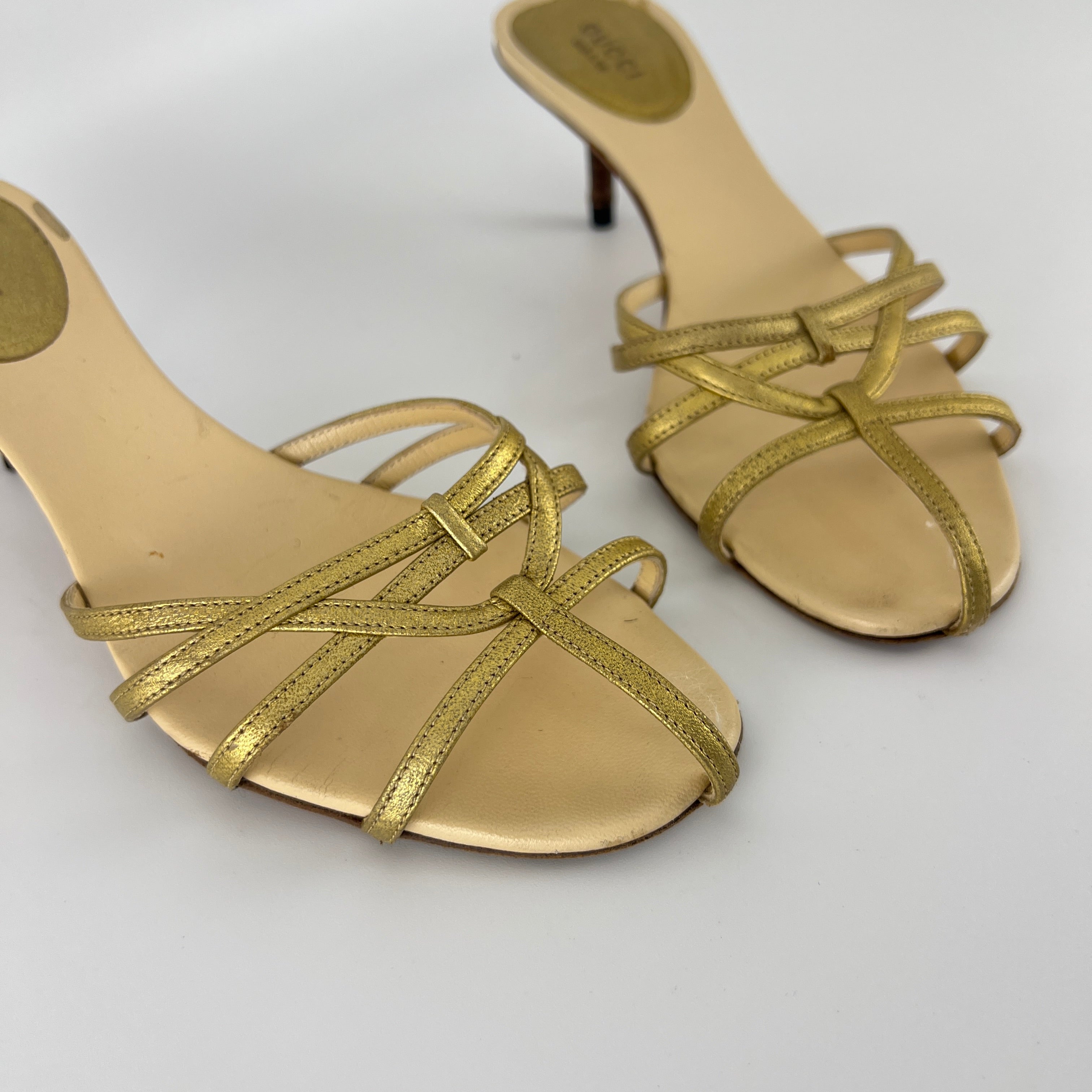 Gucci | Gold Leather Strappy Cage Slide Sandal Kitten Heel Mules (36.5)