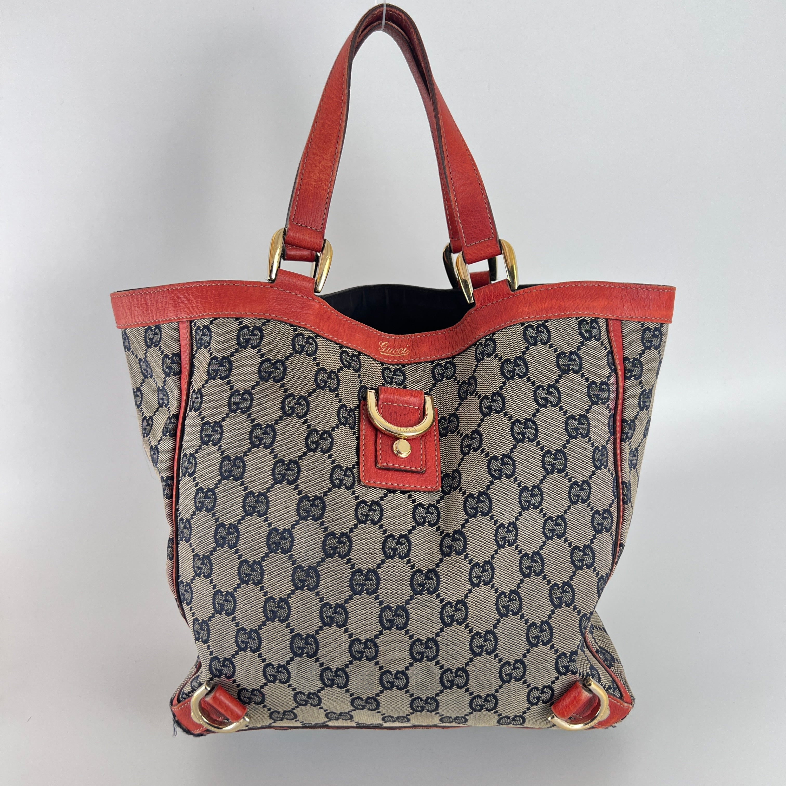Gucci | Vintage Red Leather Trim GG Monogram Tote Bag Gold Hardware