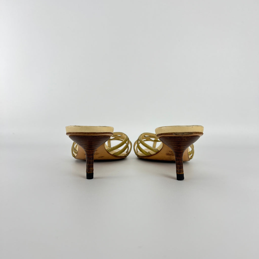 Gucci | Gold Leather Strappy Cage Slide Sandal Kitten Heel Mules (36.5)