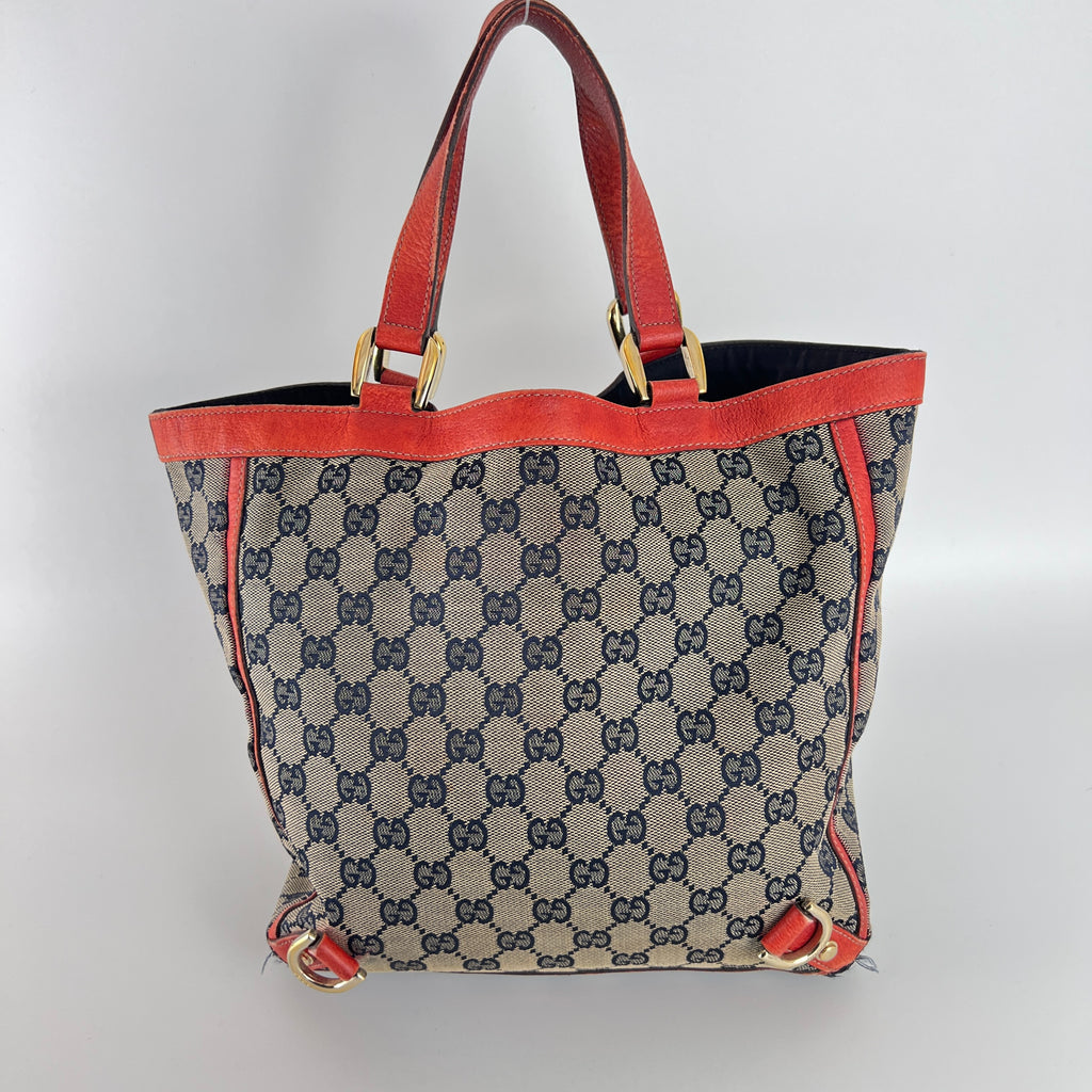 Gucci | Vintage Red Leather Trim GG Monogram Tote Bag Gold Hardware