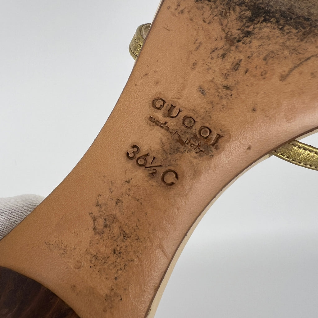 Gucci | Gold Leather Strappy Cage Slide Sandal Kitten Heel Mules (36.5)