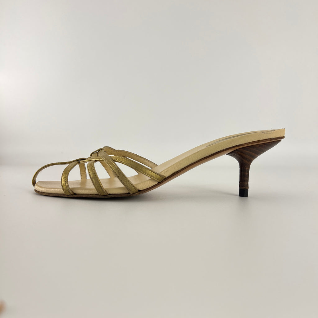 Gucci | Gold Leather Strappy Cage Slide Sandal Kitten Heel Mules (36.5)