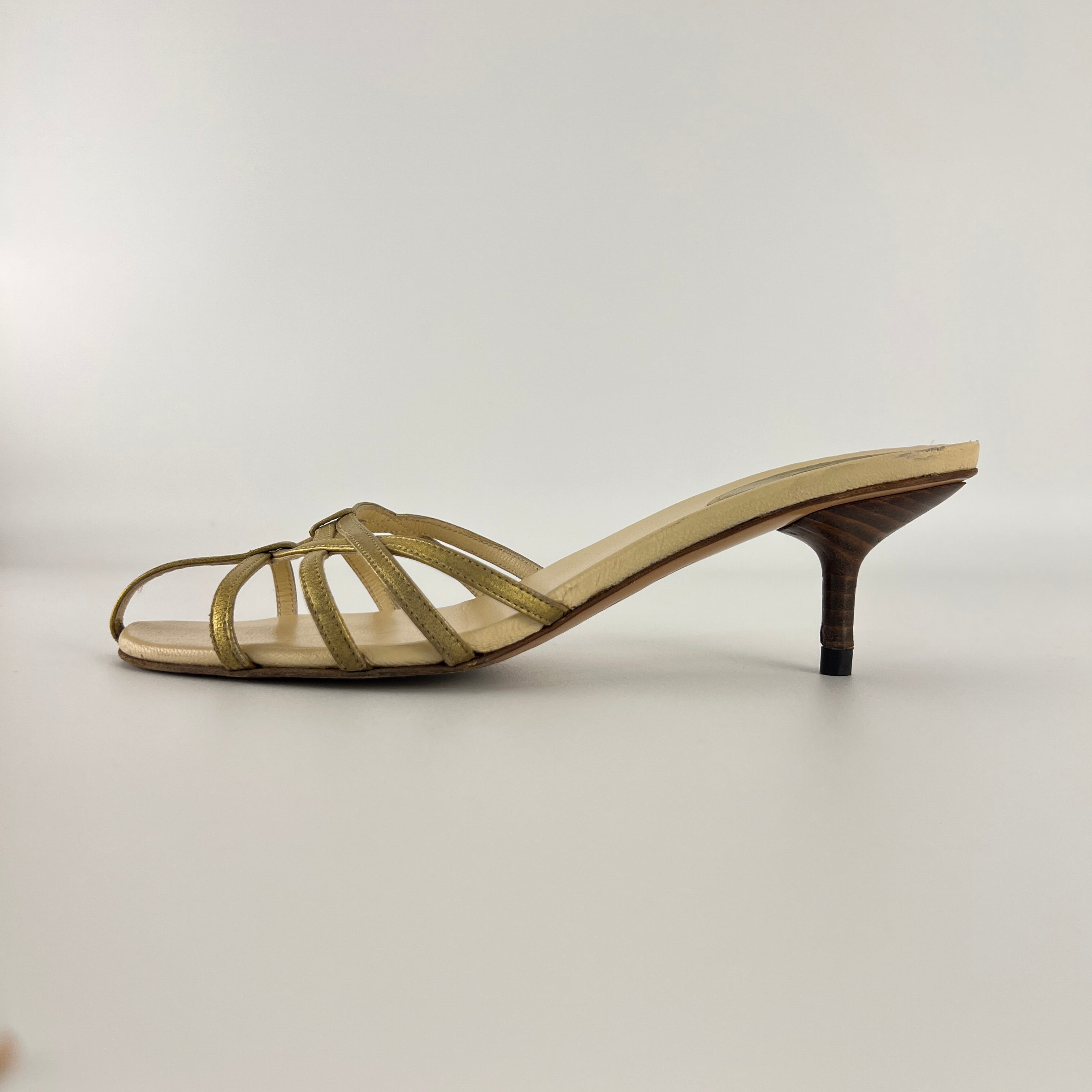 Gucci | Gold Leather Strappy Cage Slide Sandal Kitten Heel Mules (36.5)