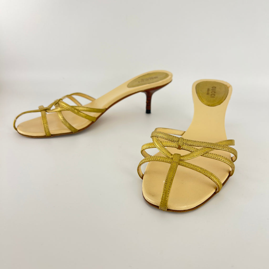Gucci | Gold Leather Strappy Cage Slide Sandal Kitten Heel Mules (36.5)