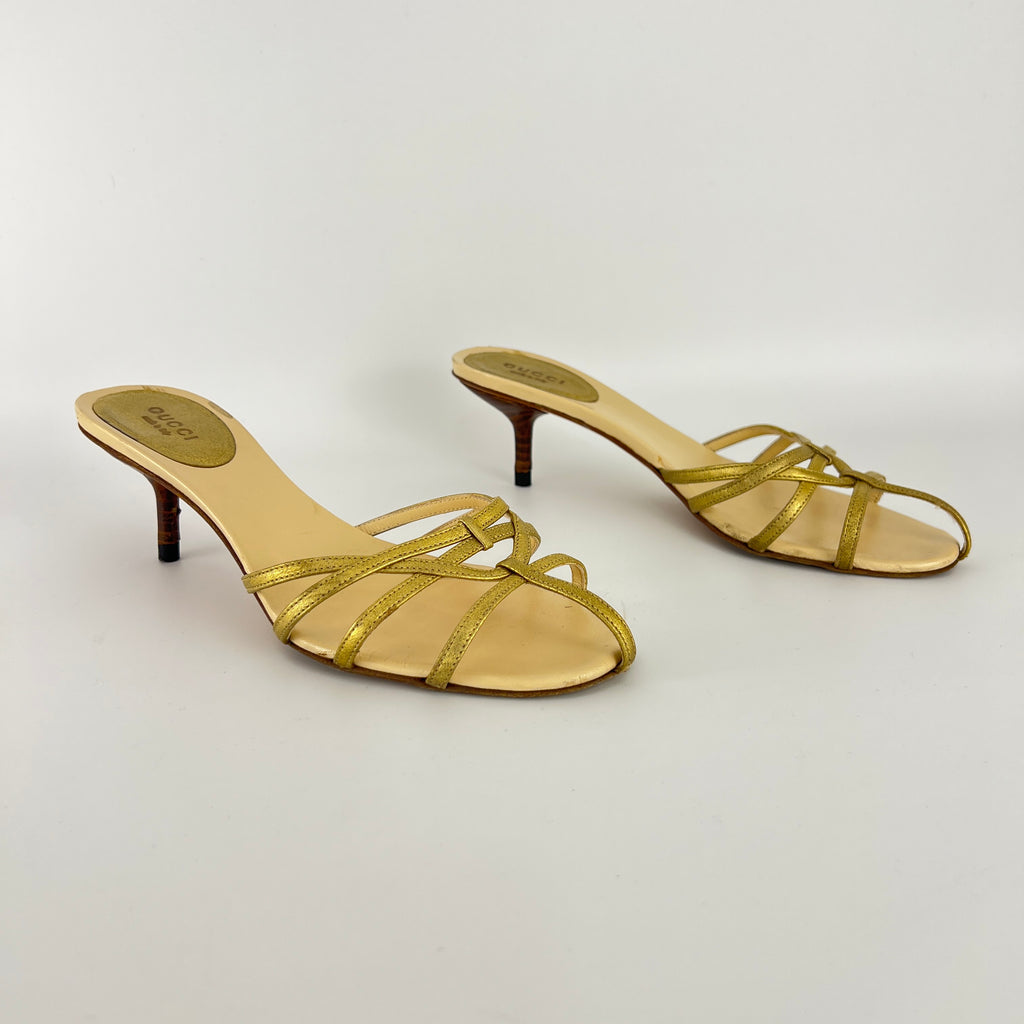 Gucci | Gold Leather Strappy Cage Slide Sandal Kitten Heel Mules (36.5)