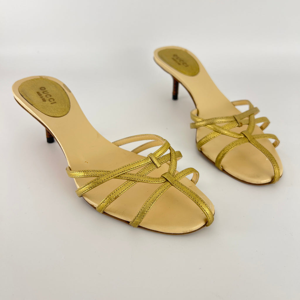 Gucci | Gold Leather Strappy Cage Slide Sandal Kitten Heel Mules (36.5)