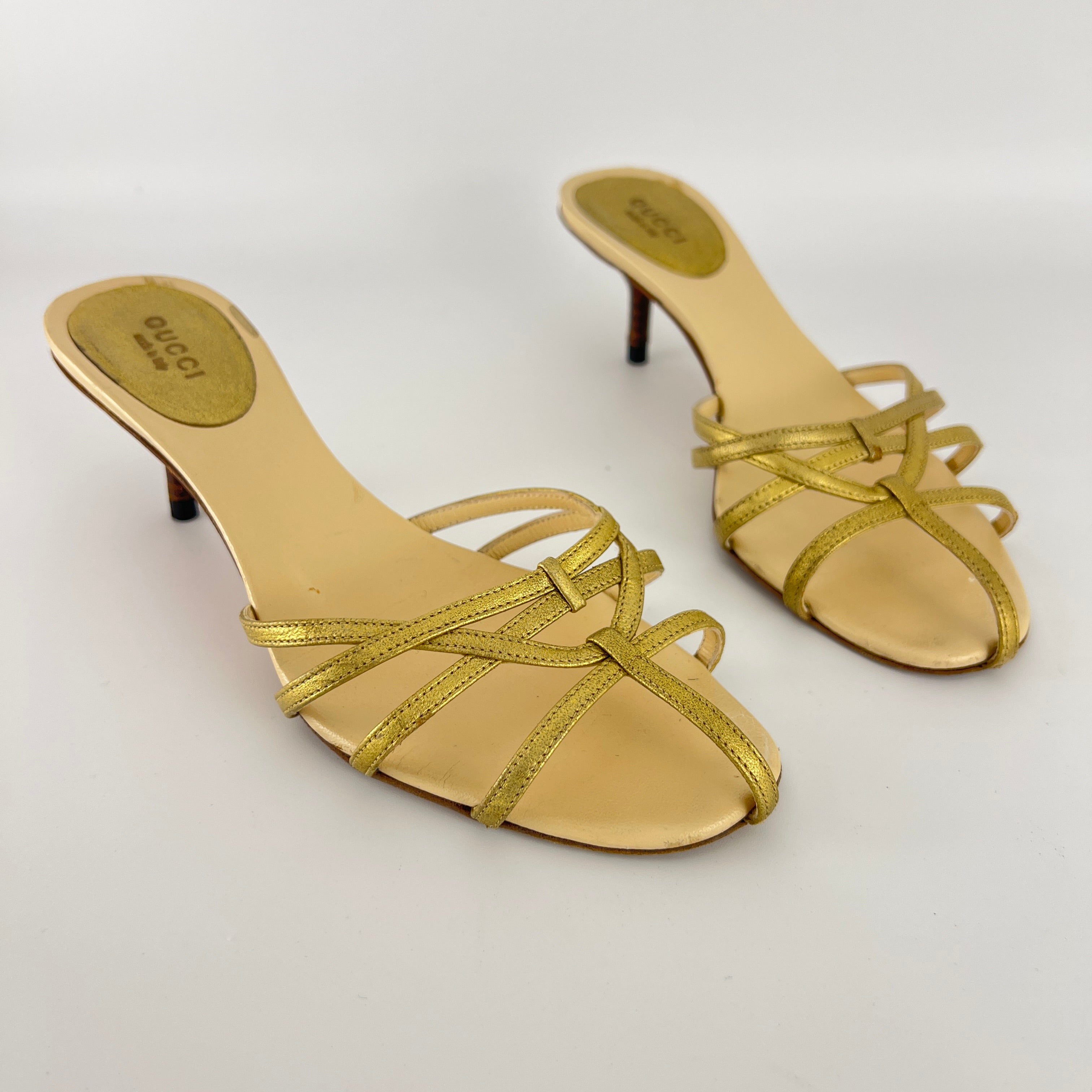 Gucci | Gold Leather Strappy Cage Slide Sandal Kitten Heel Mules (36.5)