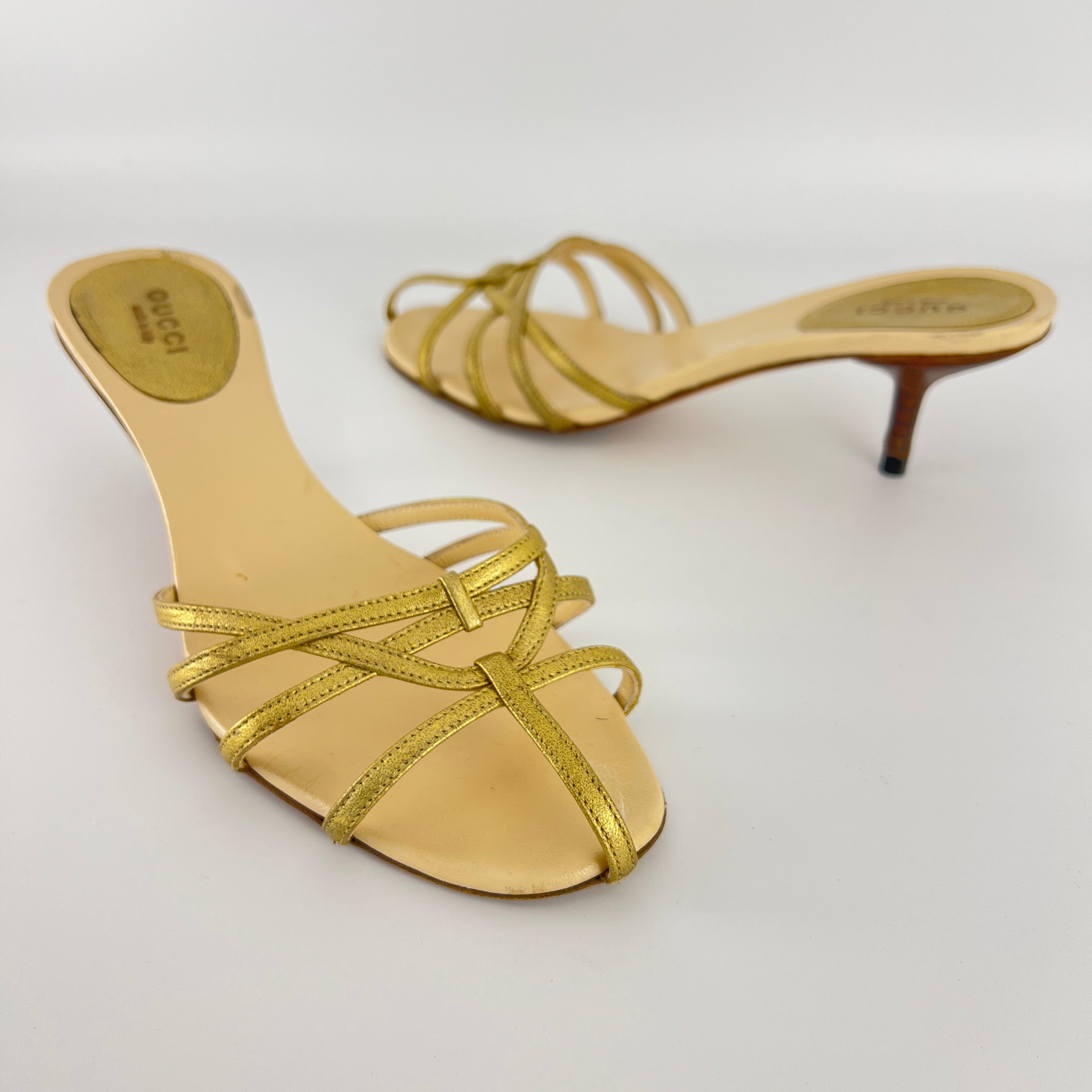 Gucci | Gold Leather Strappy Cage Slide Sandal Kitten Heel Mules (36.5)