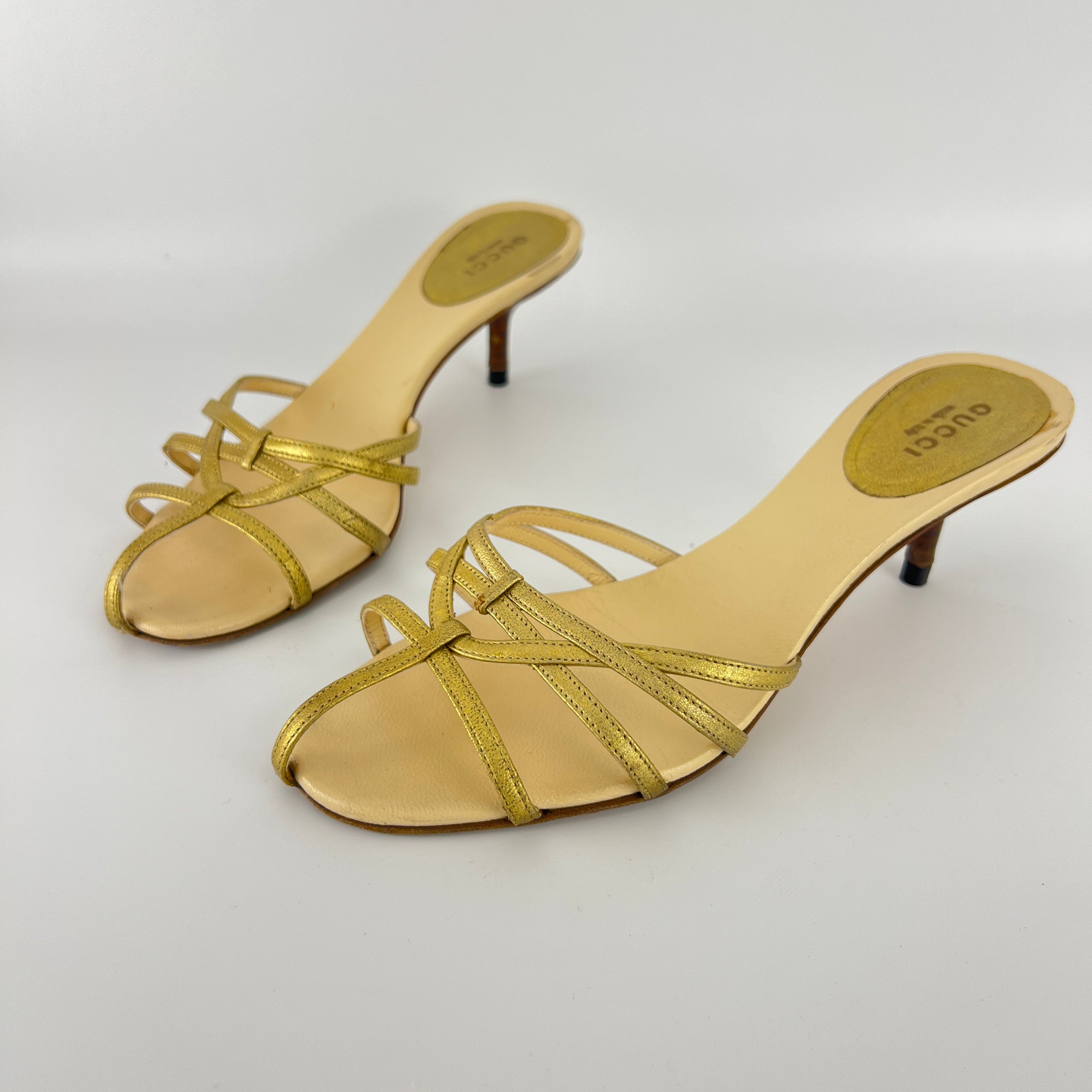 Gucci | Gold Leather Strappy Cage Slide Sandal Kitten Heel Mules (36.5)