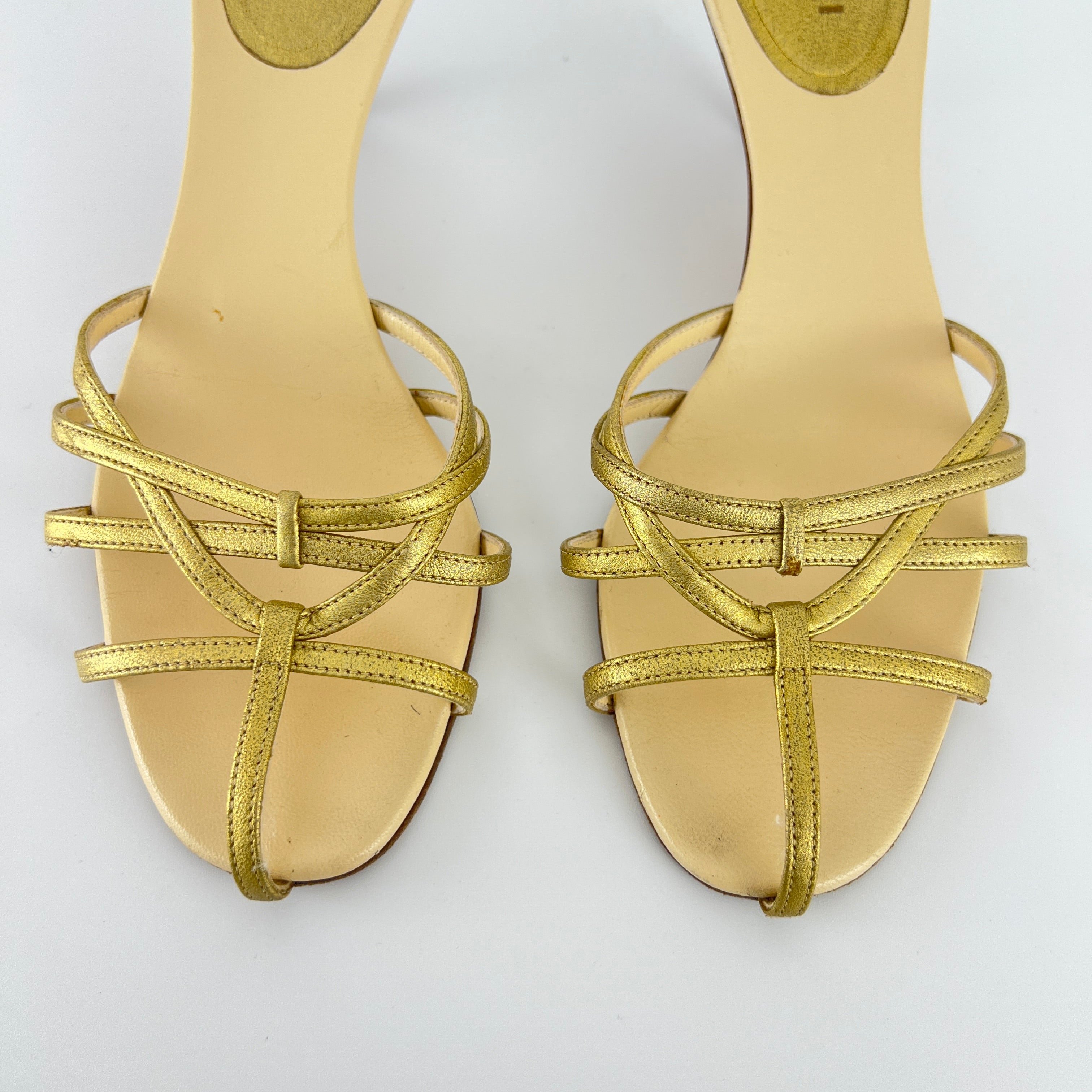 Gucci | Gold Leather Strappy Cage Slide Sandal Kitten Heel Mules (36.5)
