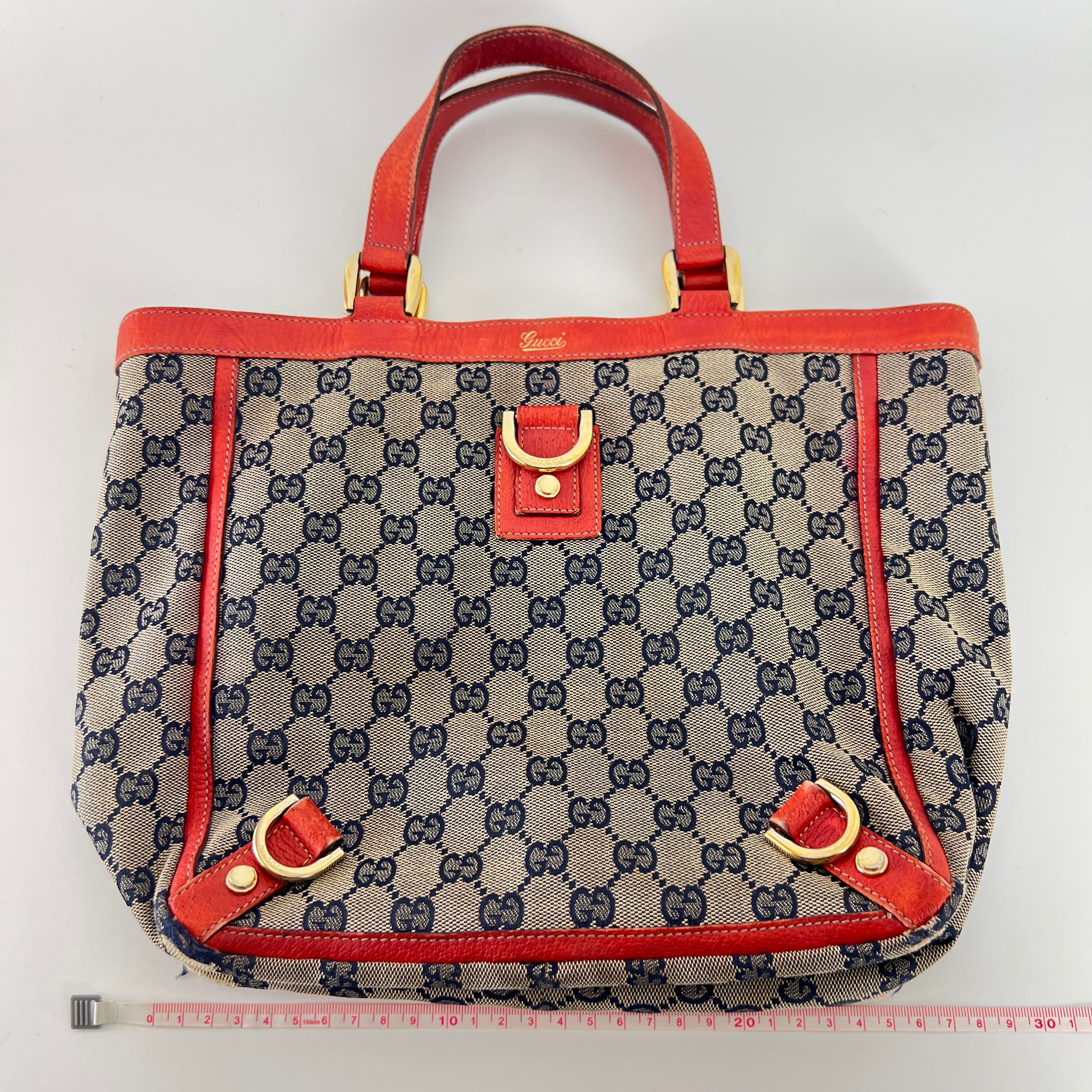 Gucci | Vintage Red Leather Trim GG Monogram Tote Bag Gold Hardware