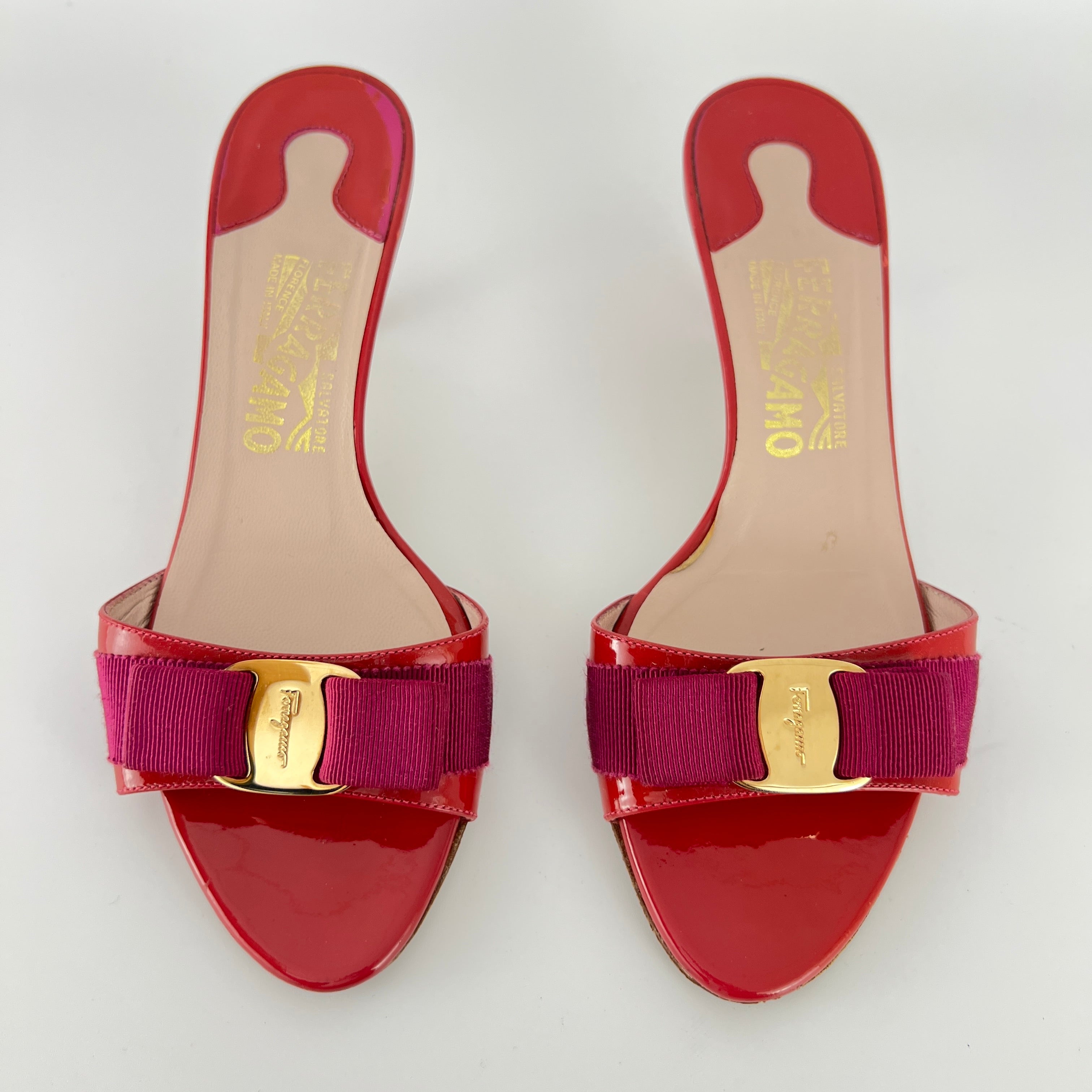 Ferragamo | Vara Bow Pink Patent Leather Fuchsia Gold Slide Sandal Mules (6.5 , 36.5)