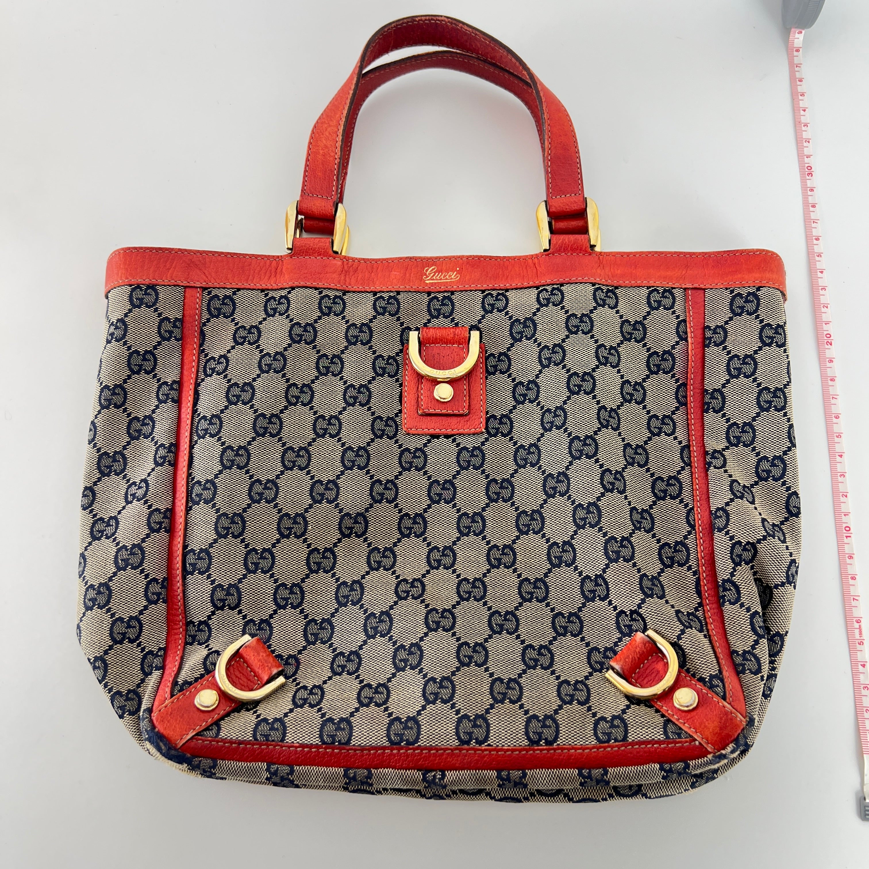 Gucci | Vintage Red Leather Trim GG Monogram Tote Bag Gold Hardware