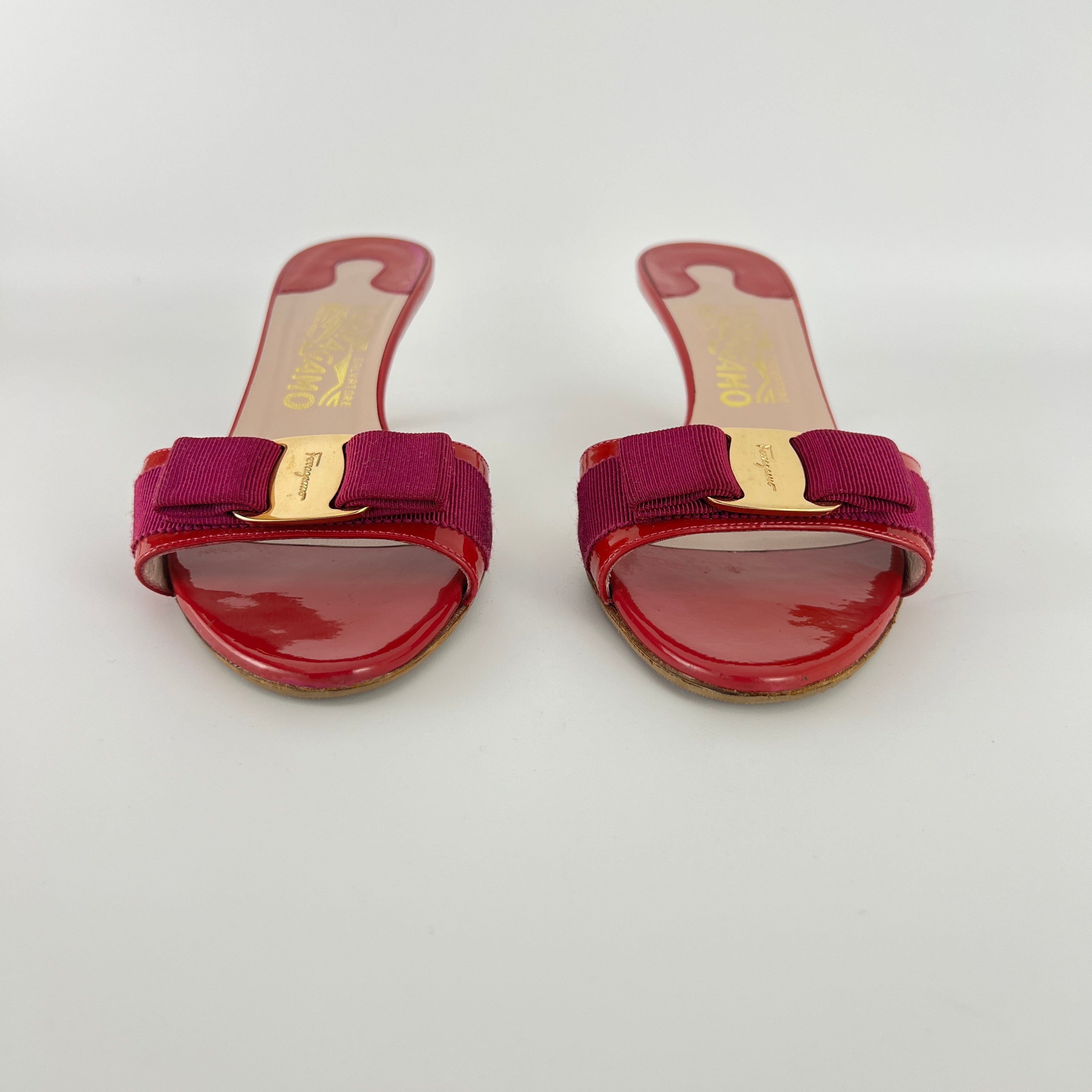 Ferragamo | Vara Bow Pink Patent Leather Fuchsia Gold Slide Sandal Mules (6.5 , 36.5)