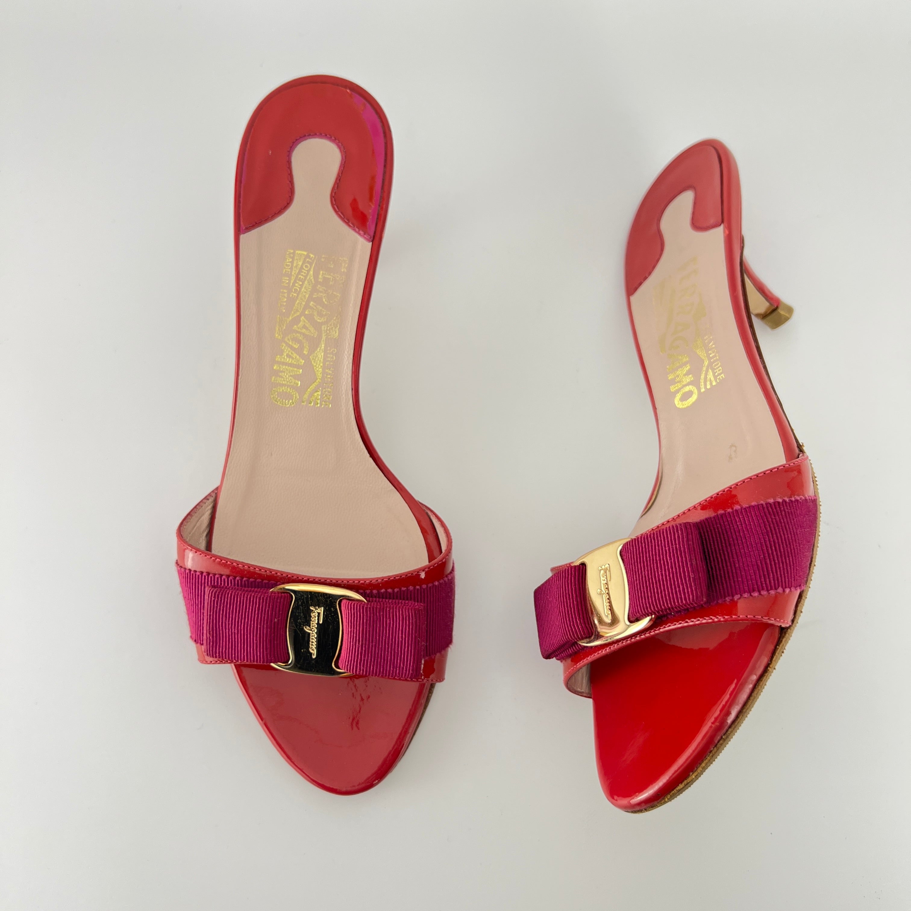 Ferragamo | Vara Bow Pink Patent Leather Fuchsia Gold Slide Sandal Mules (6.5 , 36.5)