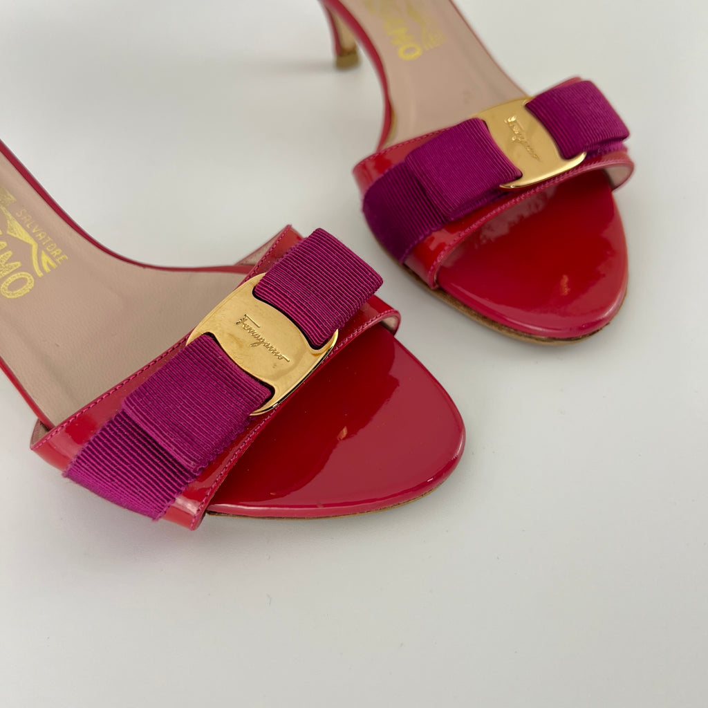 Ferragamo | Vara Bow Pink Patent Leather Fuchsia Gold Slide Sandal Mules (6.5 , 36.5)