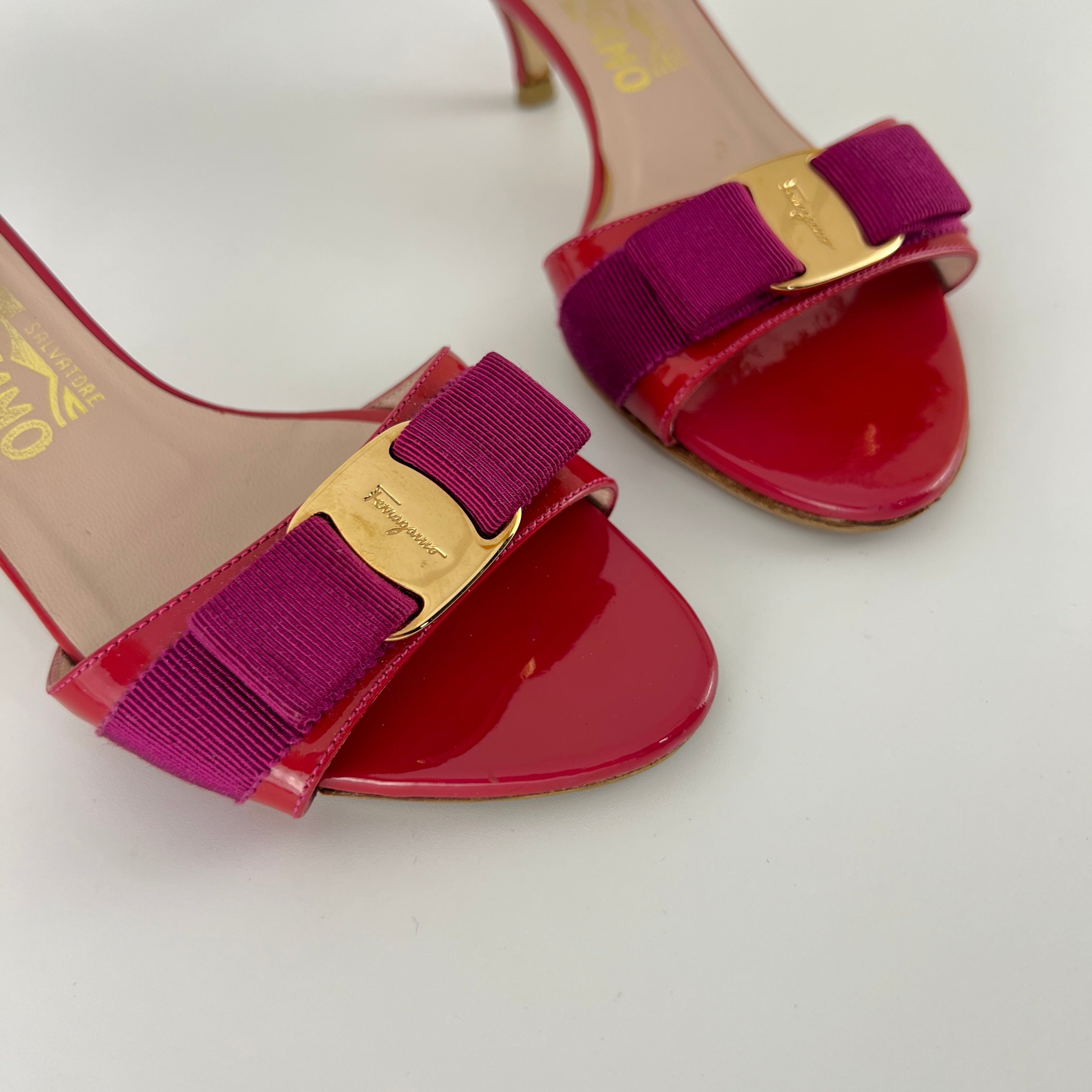 Ferragamo | Vara Bow Pink Patent Leather Fuchsia Gold Slide Sandal Mules (6.5 , 36.5)