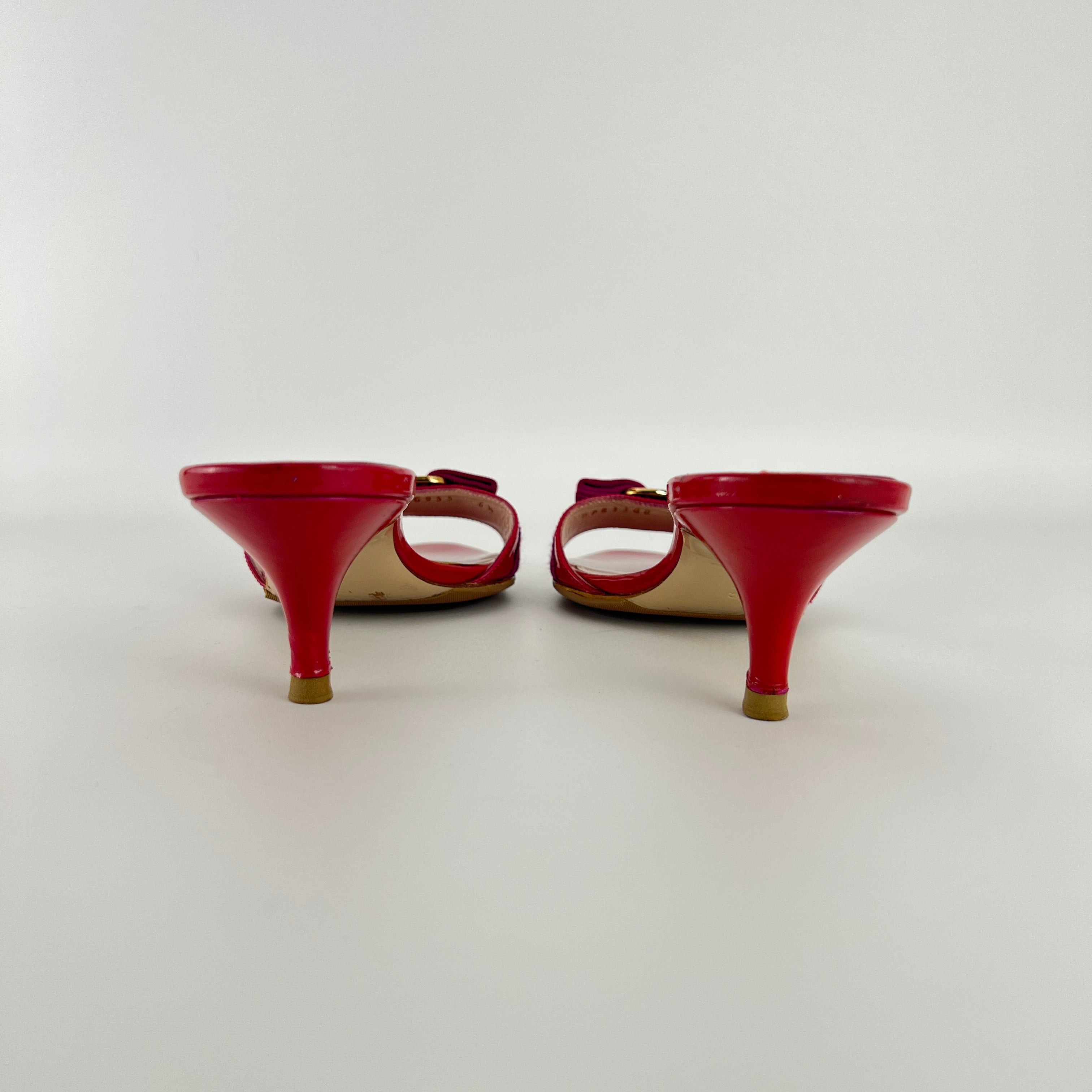 Ferragamo | Vara Bow Pink Patent Leather Fuchsia Gold Slide Sandal Mules (6.5 , 36.5)