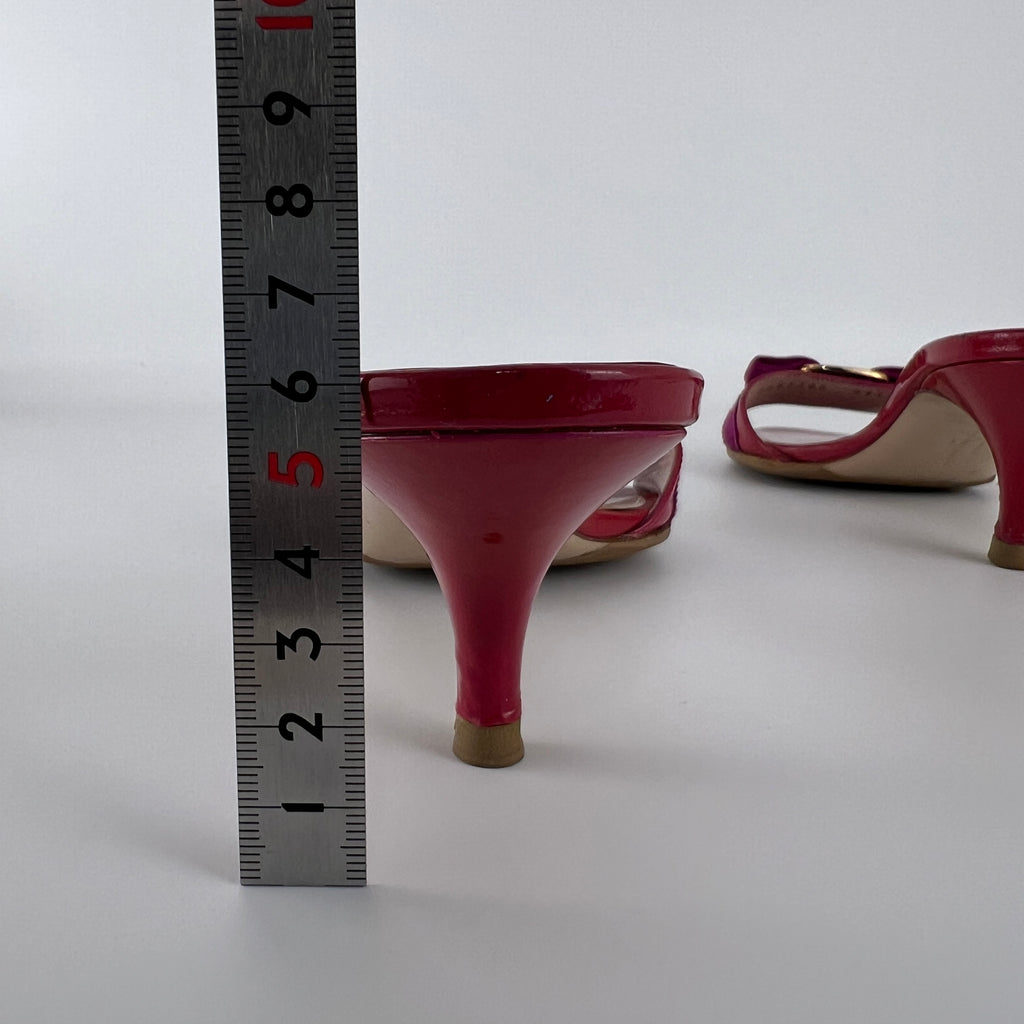 Ferragamo | Vara Bow Pink Patent Leather Fuchsia Gold Slide Sandal Mules (6.5 , 36.5)