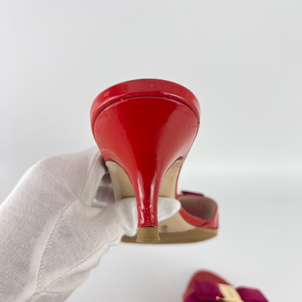 Ferragamo | Vara Bow Pink Patent Leather Fuchsia Gold Slide Sandal Mules (6.5 , 36.5)