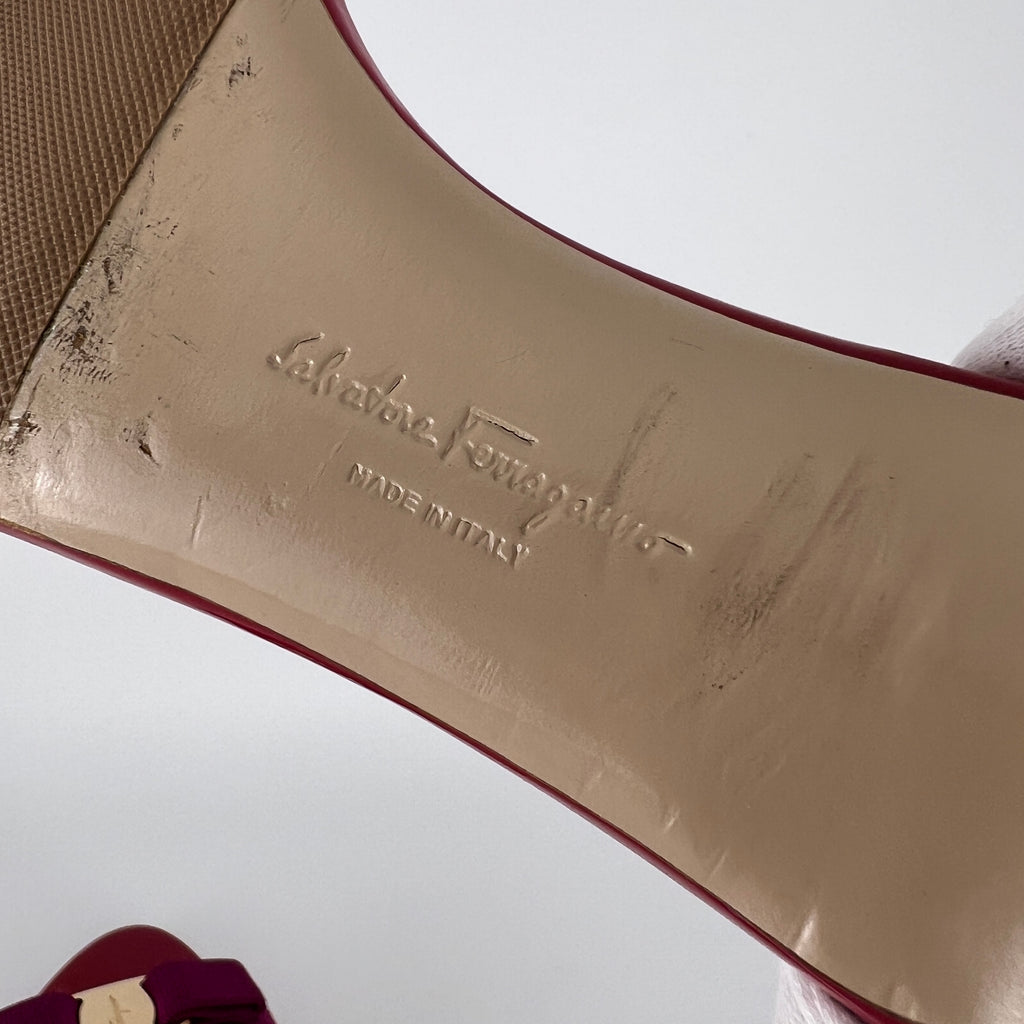 Ferragamo | Vara Bow Pink Patent Leather Fuchsia Gold Slide Sandal Mules (6.5 , 36.5)