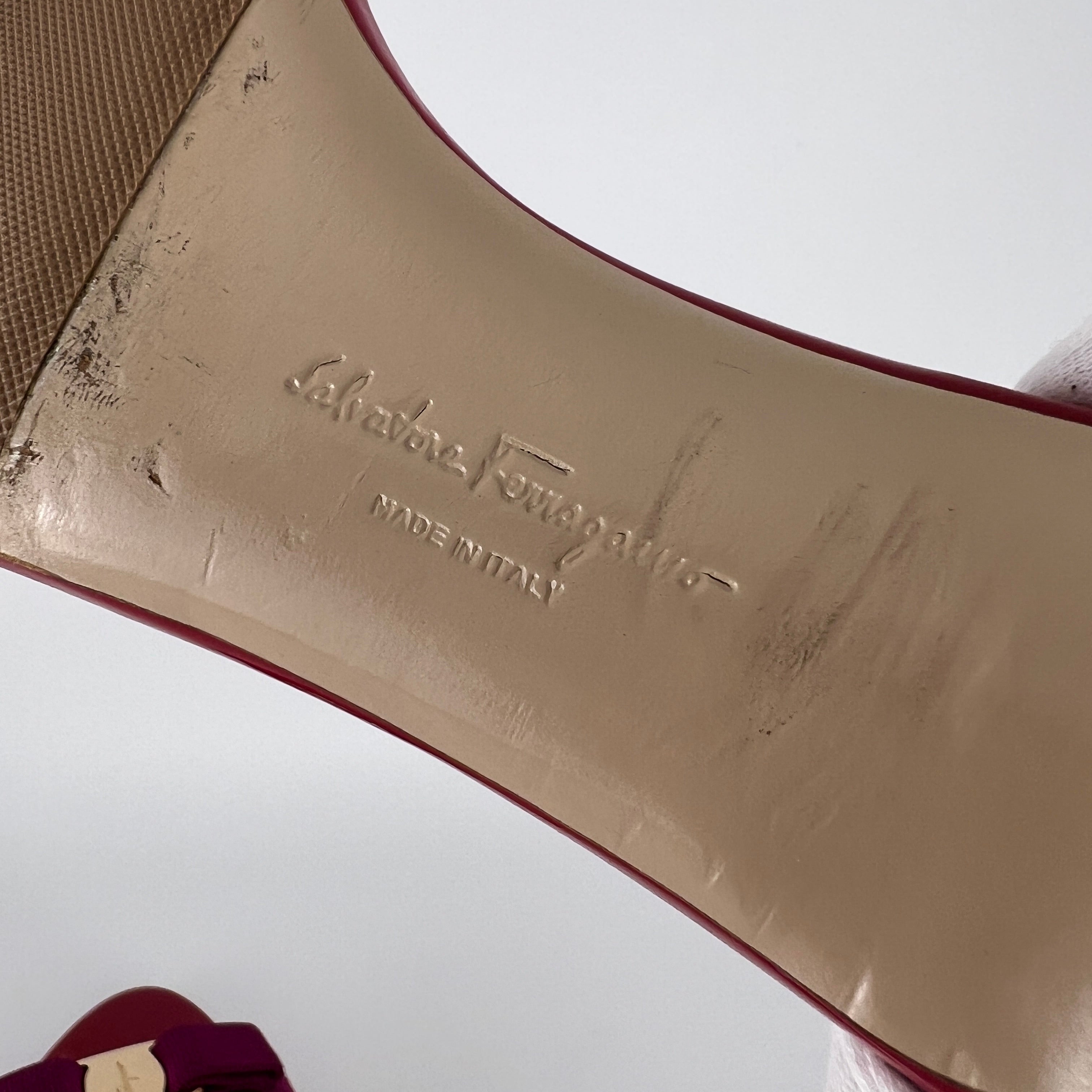 Ferragamo | Vara Bow Pink Patent Leather Fuchsia Gold Slide Sandal Mules (6.5 , 36.5)