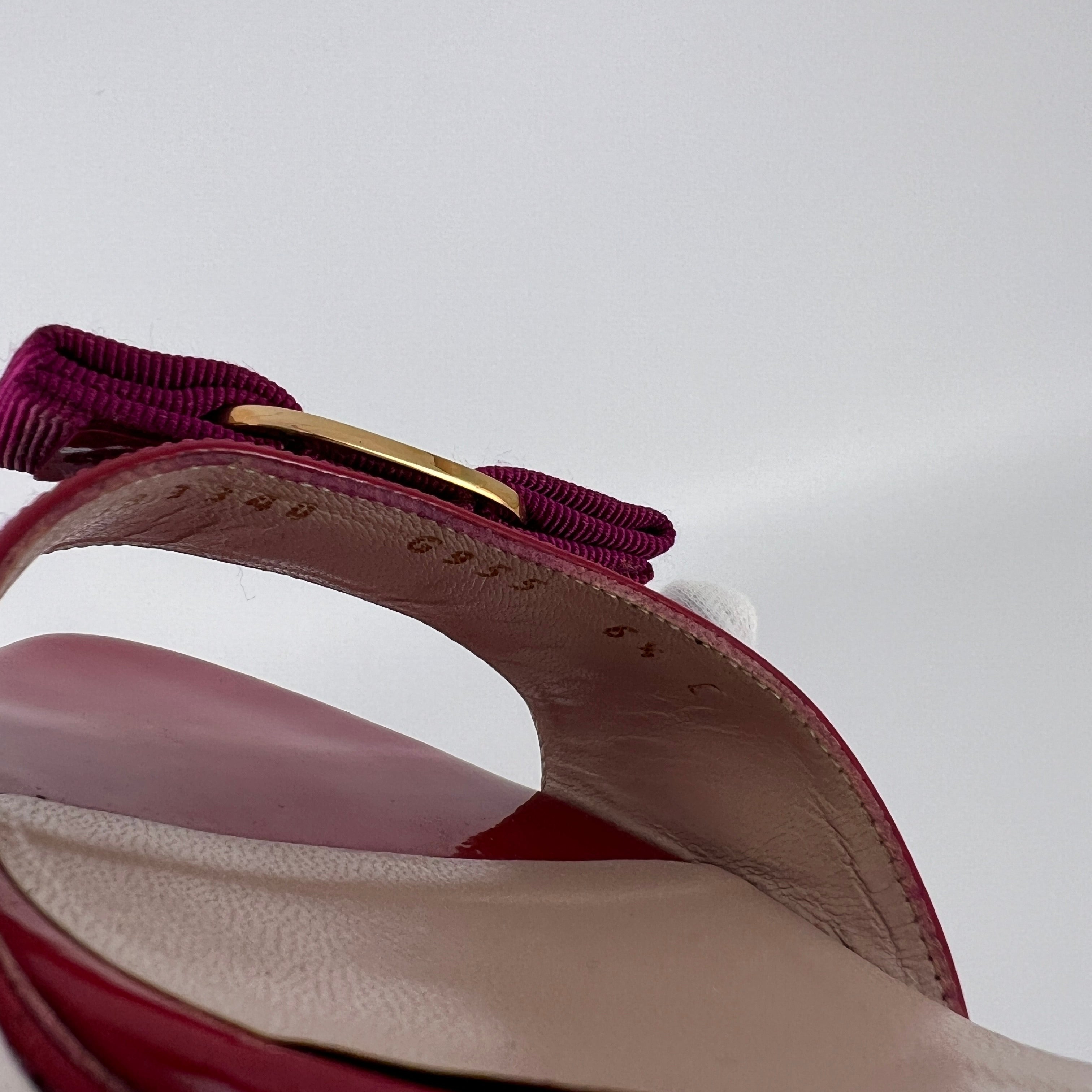 Ferragamo | Vara Bow Pink Patent Leather Fuchsia Gold Slide Sandal Mules (6.5 , 36.5)