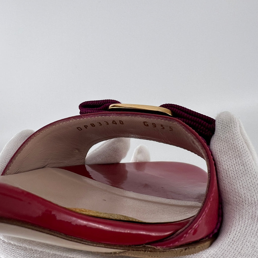 Ferragamo | Vara Bow Pink Patent Leather Fuchsia Gold Slide Sandal Mules (6.5 , 36.5)