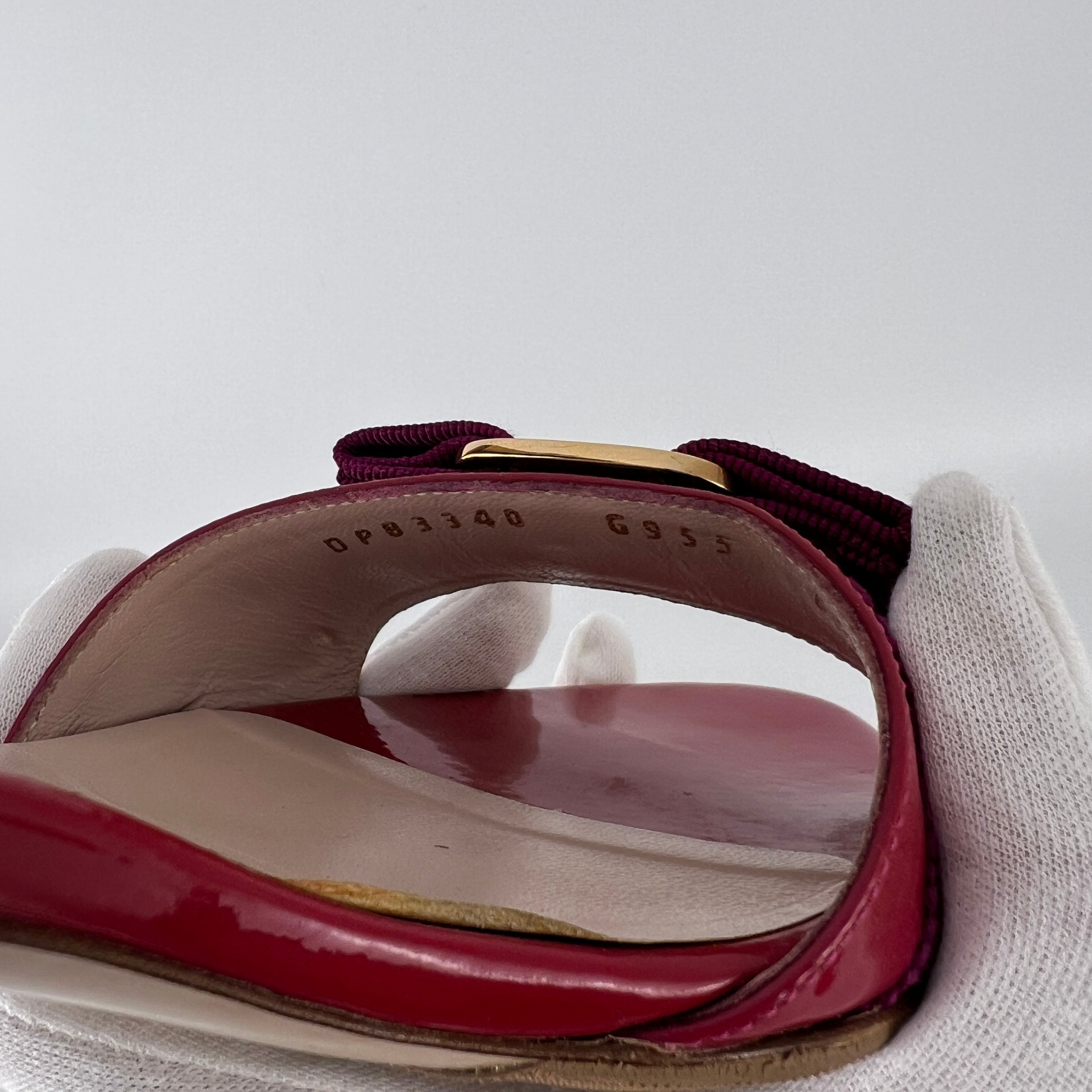 Ferragamo | Vara Bow Pink Patent Leather Fuchsia Gold Slide Sandal Mules (6.5 , 36.5)