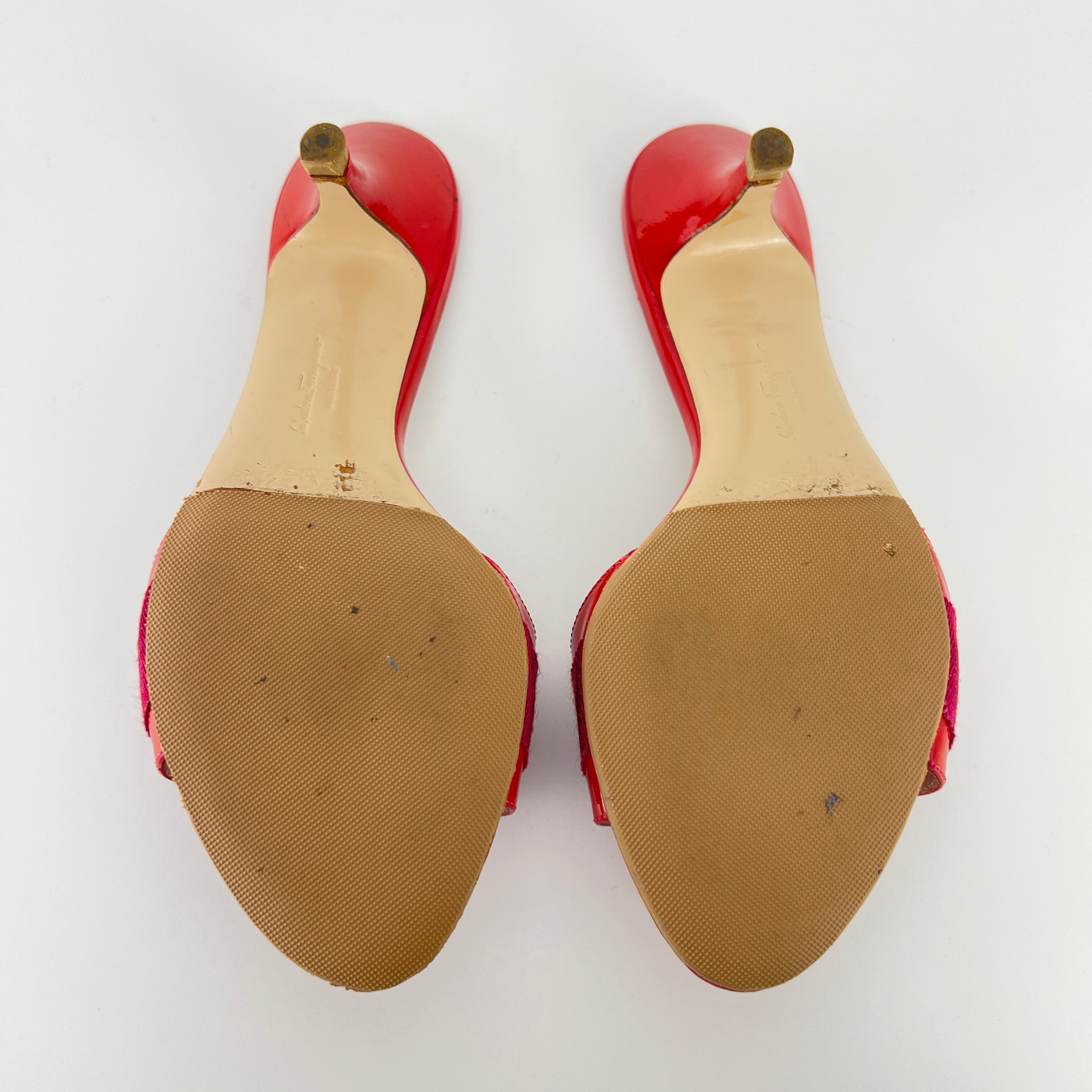 Ferragamo | Vara Bow Pink Patent Leather Fuchsia Gold Slide Sandal Mules (6.5 , 36.5)