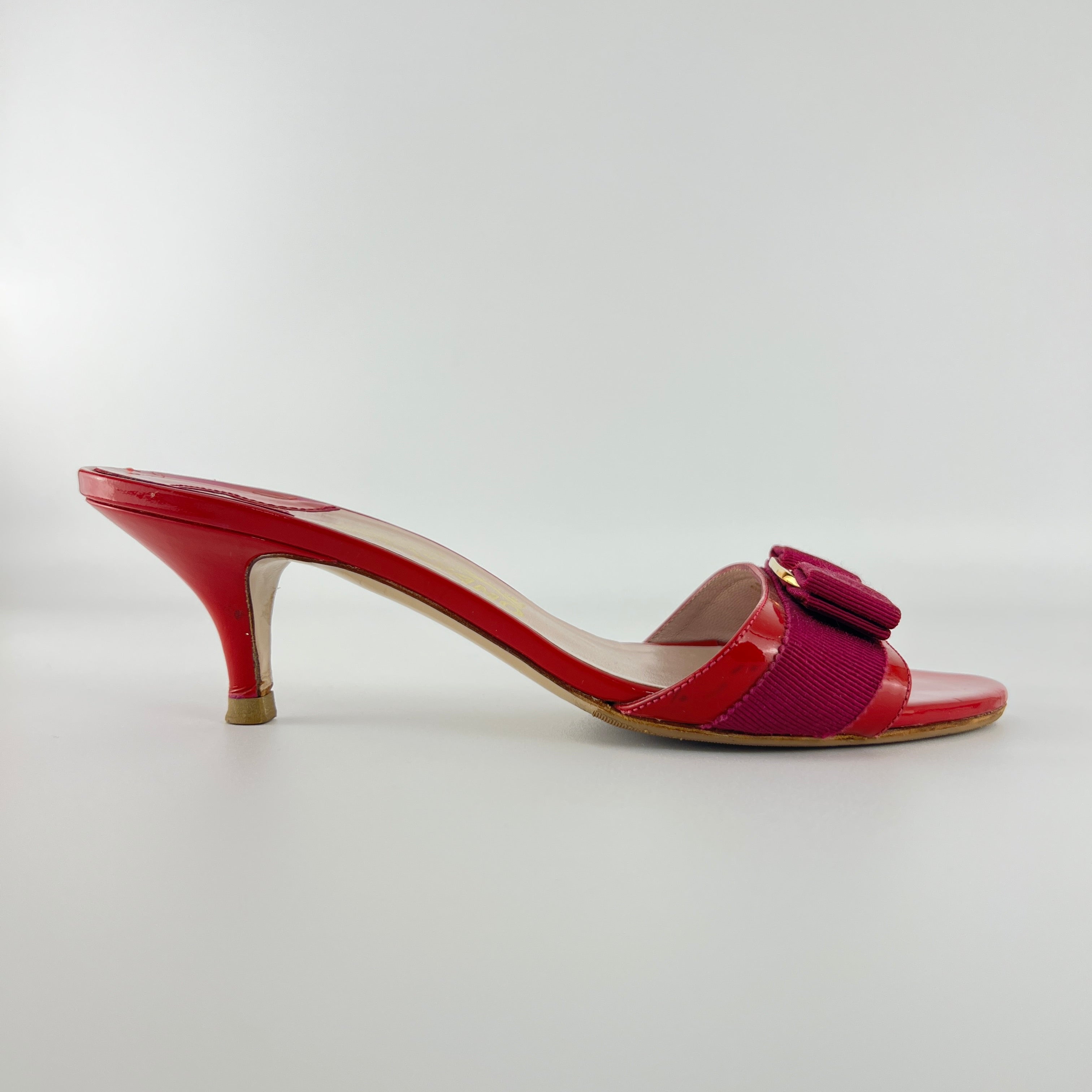 Ferragamo | Vara Bow Pink Patent Leather Fuchsia Gold Slide Sandal Mules (6.5 , 36.5)