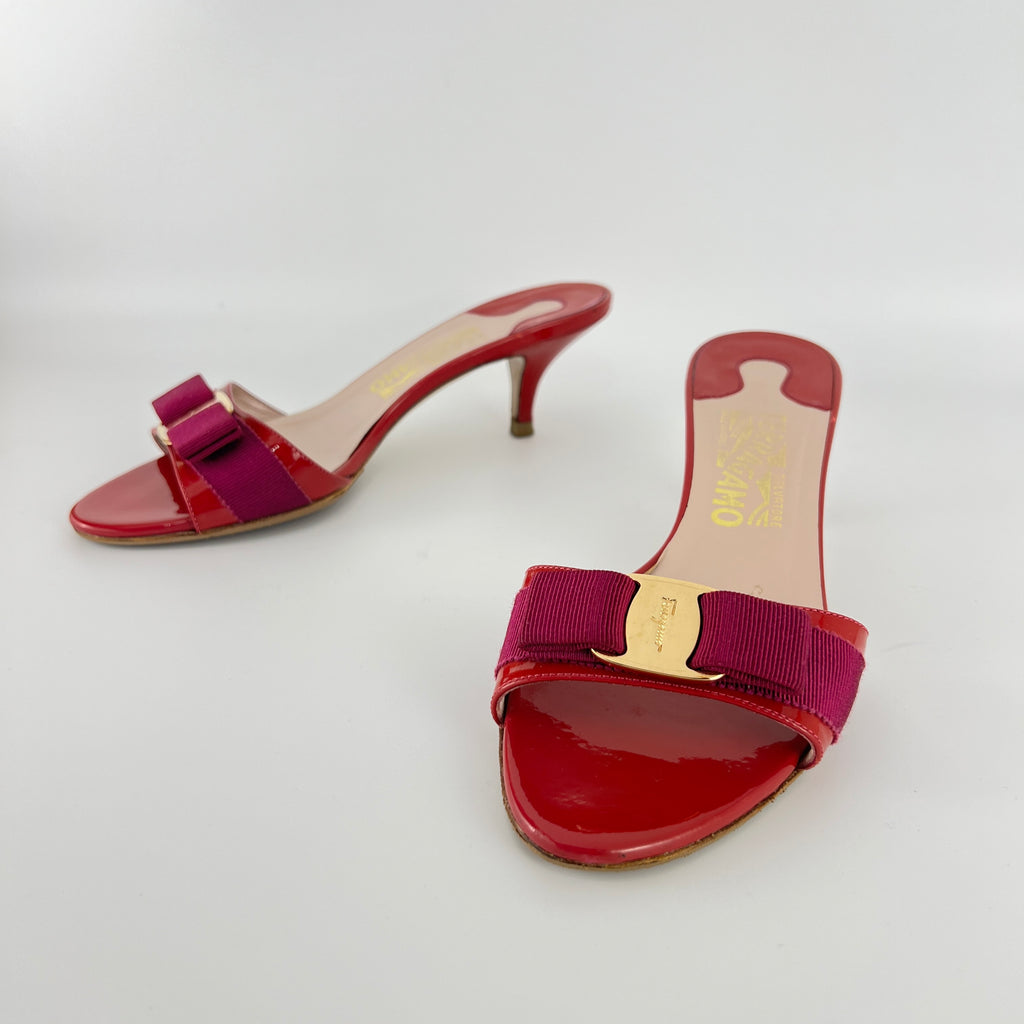 Ferragamo | Vara Bow Pink Patent Leather Fuchsia Gold Slide Sandal Mules (6.5 , 36.5)