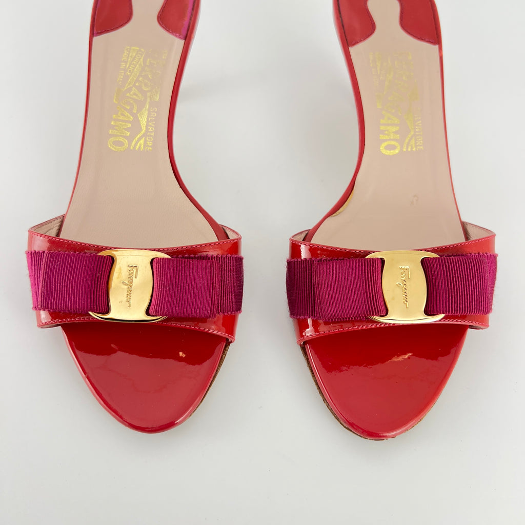 Ferragamo | Vara Bow Pink Patent Leather Fuchsia Gold Slide Sandal Mules (6.5 , 36.5)