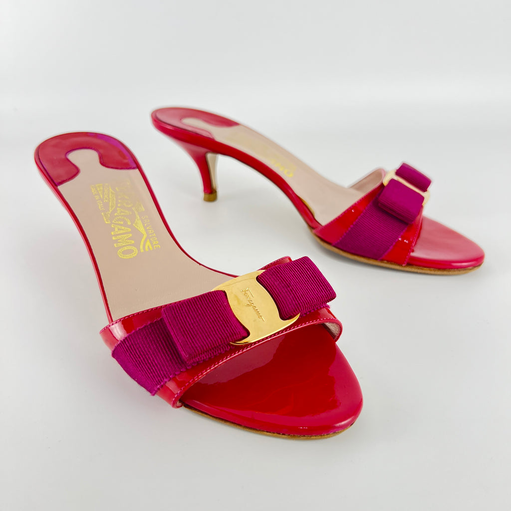 Ferragamo | Vara Bow Pink Patent Leather Fuchsia Gold Slide Sandal Mules (6.5 , 36.5)